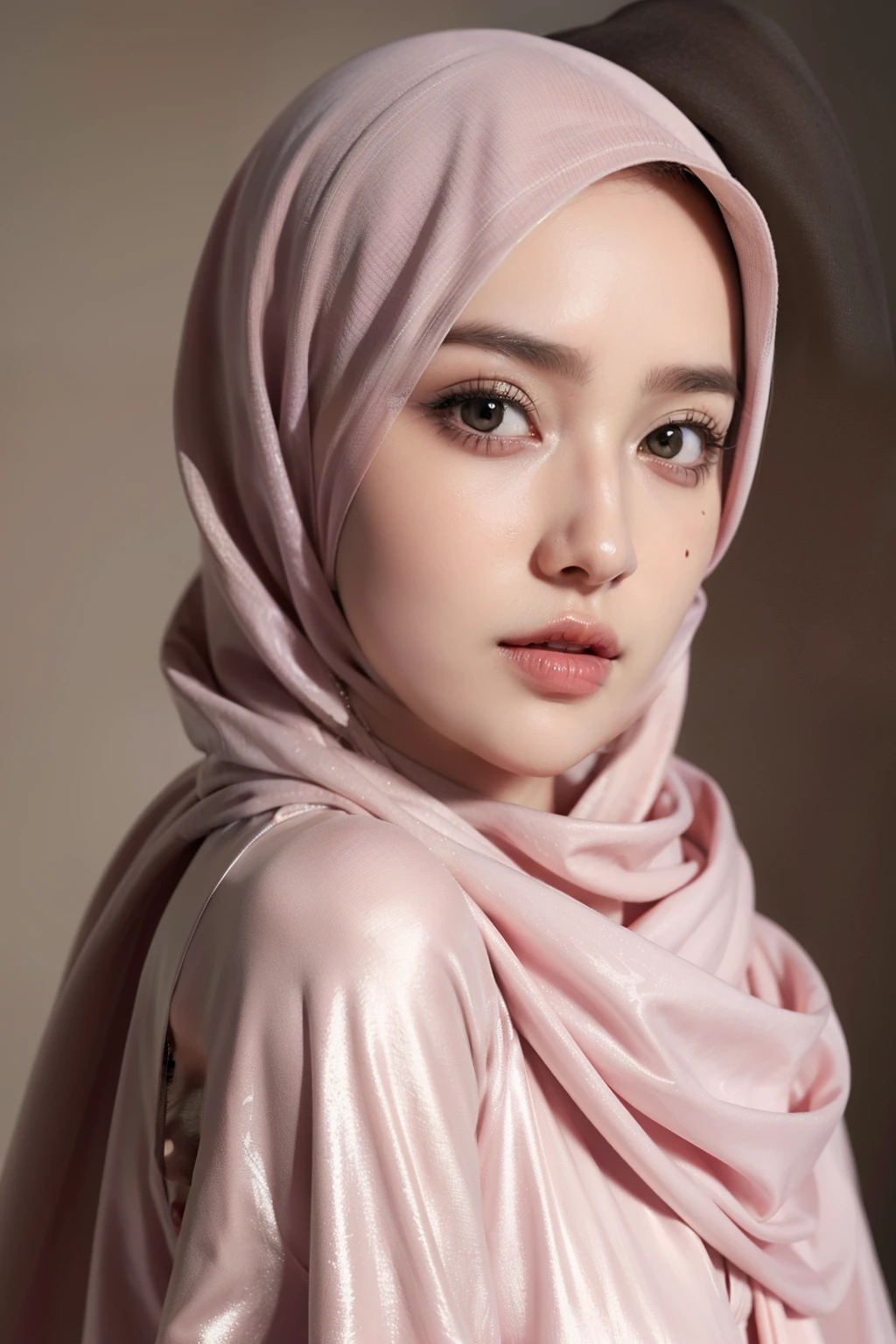 Realistic photo,wearing dress and long hijab, look from side, hyperrealistic, masterpiece, sweet ekspresion, melancholy , closeup photo, bright eyes, sexy lips, detailed makeup, detailed eyes cornea, wearing hijab no hair looks, blush pink cheek
