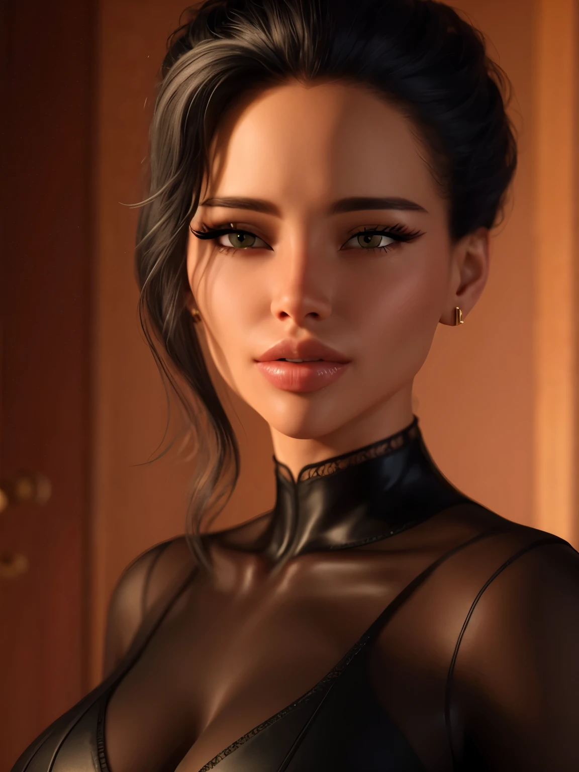 (masterpiece, best quality:1.2),(masterpiece, best quality: 1.2), 1.Curly Secretary，Sexy eyes,Head close-up，The expression of a kiss，Moist sexy lips， ，earrings（（Black business attire）），8k
