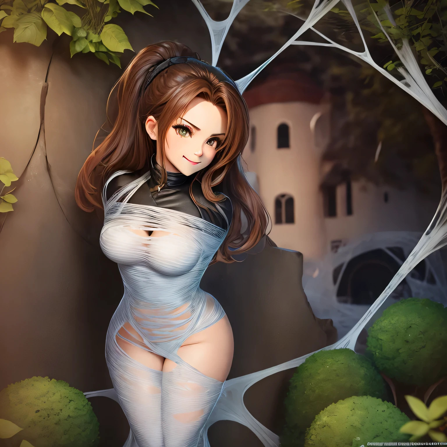 a light brown pinned up haired female thief wo is wearing black ribbed long sleeve top and leather trousers, black gloves, climbs over the wall to the mansion's garden, nighttime,flirty smile,sexy look,bound,spider web,cocoon