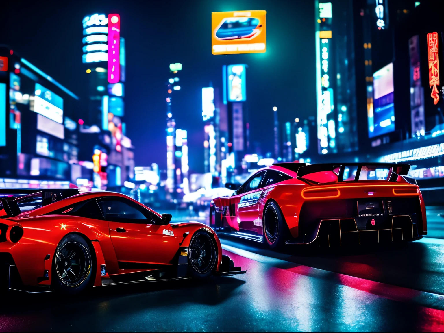 Cinematic shots [Supercar] Regarding illegal racing [Tokyo city], [At night, Neon lighting], [Low Angle], Action Scenes, Dynamic Action, Film Grain, Motion Blur, Spectacular realism, RAW Photos, Very detailed, 8k, Tokyo Drift style