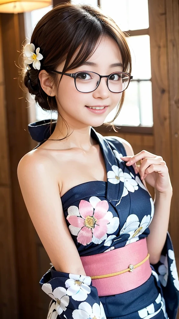 (masterpiece, highest quality:1.4), Beautiful Face, 8k, 85mm, Absurd, (Floral Yukata:1.4), Face close-up, violet, Gardenia, Delicate girl, alone, night, View your audience, Upper Body, Film Grain, chromatic aberration, Sharp focus, Face Light, Professional Lighting, Sophisticated, (smile:0.4), (Simple Background, Bokeh Background:1.2), detailed aspects,(((Show one breast:0.37))),((Very young and immature & Very few & Very flat chest:1.2),(Pink fashion glasses,1),(Showing anus from the front:0.4),