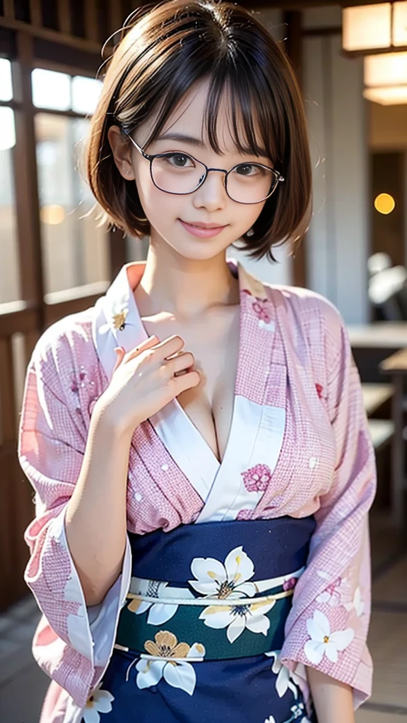 (masterpiece, highest quality:1.4), Beautiful Face, 8k, 85mm, Absurd, (Floral Yukata:1.4), Face close-up, violet, Gardenia, Delicate girl, alone, night, View your audience, Upper Body, Film Grain, chromatic aberration, Sharp focus, Face Light, Professional Lighting, Sophisticated, (smile:0.4), (Simple Background, Bokeh Background:1.2), detailed aspects,(((Show one breast:0.37))),((Very young and immature & Very few & Very flat chest:1.2),(Pink fashion glasses,1),(Showing anus from the front:0.4),