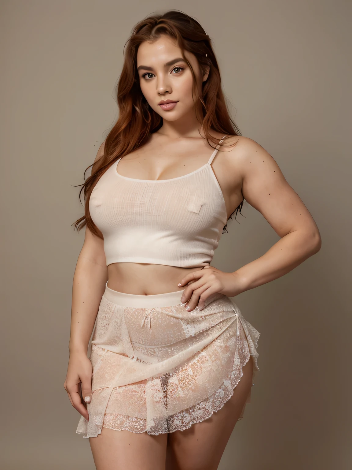 young girl of 25 years with long red hair with waves,con curvas notables, pecho grande, ojos marrones oscuros y labios gruesos, Her expression is sensual. curvy urban instagram model, cuerpo curvilinea, vestida con un traje transparente de color rojo brillante y sudadera roja abierta, las manos pegadas a los pechos y cara de deseo sensual, plano de la foto primer plano medio americano,the japanese skirt photo studio shoot background, foto de revista hiper realista. con detalle, sonriente, de cerca, en contrapicado,mirando al suelo, con un cartel que ponga un numero seis