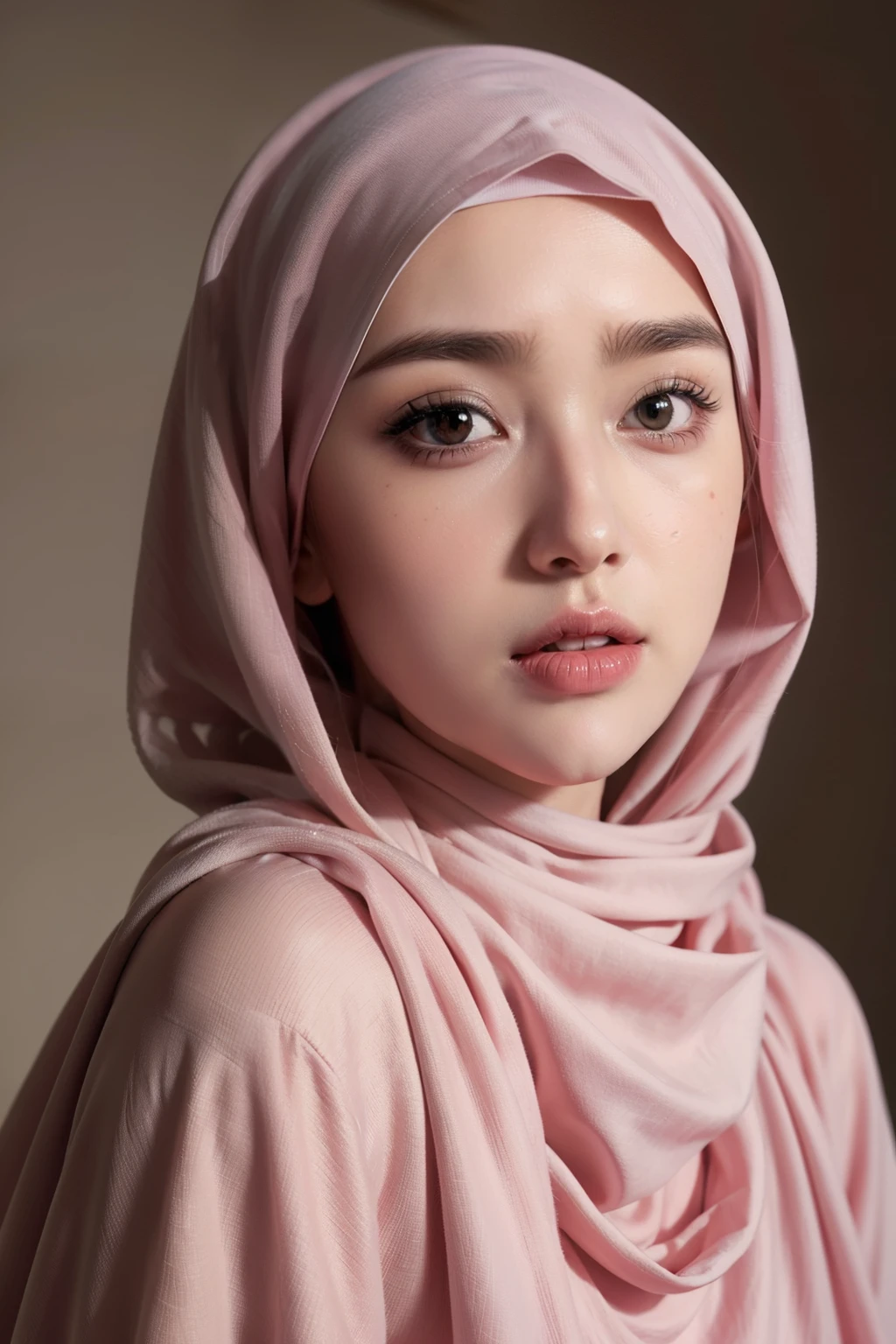 Realistic photo,wearing dress and long hijab, look from side, hyperrealistic, masterpiece, sweet ekspresion, melancholy , closeup photo, bright eyes, sexy lips, detailed makeup, detailed eyes cornea, wearing hijab no hair looks, blush pink cheek