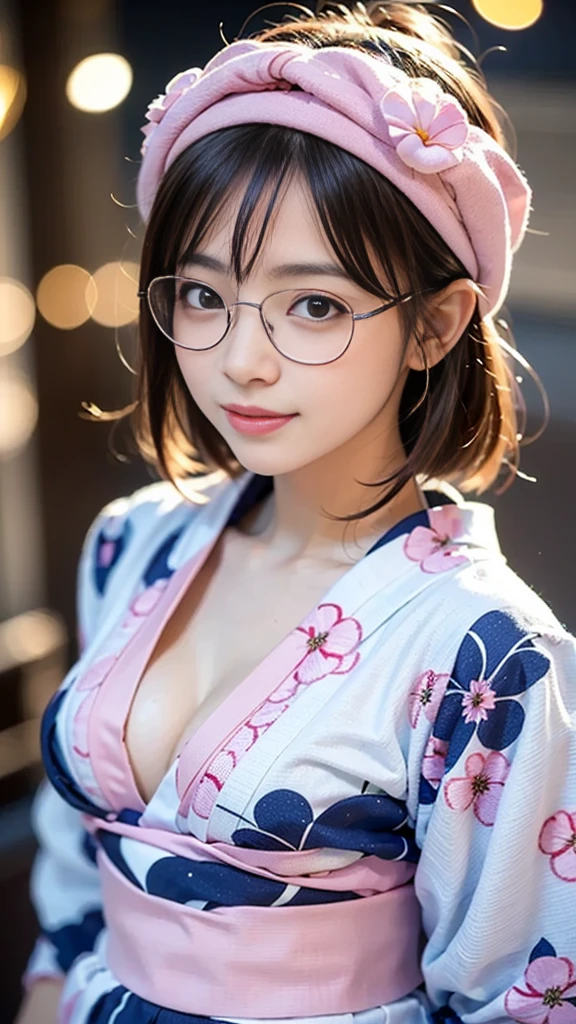 (masterpiece, highest quality:1.4), Beautiful Face, 8k, 85mm, Absurd, (Floral Yukata:1.4), Face close-up, violet, Gardenia, Delicate girl, alone, night, View your audience, Upper Body, Film Grain, chromatic aberration, Sharp focus, Face Light, Professional Lighting, Sophisticated, (smile:0.4), (Simple Background, Bokeh Background:1.2), detailed aspects,(((Show one breast:0.37))),((Very young and immature & Very few & Very flat chest:1.4),(Pink fashion glasses,1),(Showing anus from the front:0.4),
