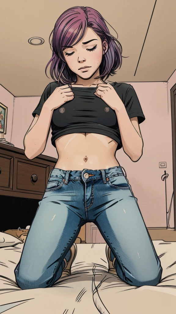 vector image, 2d cartoon,masterpiece, An age girl,colored hair, blush:1.2, simulates intercourse masturbation:1.3, touch herself sensually till orgasm, tight worn-out faded jeans,pull herself down on knees, red