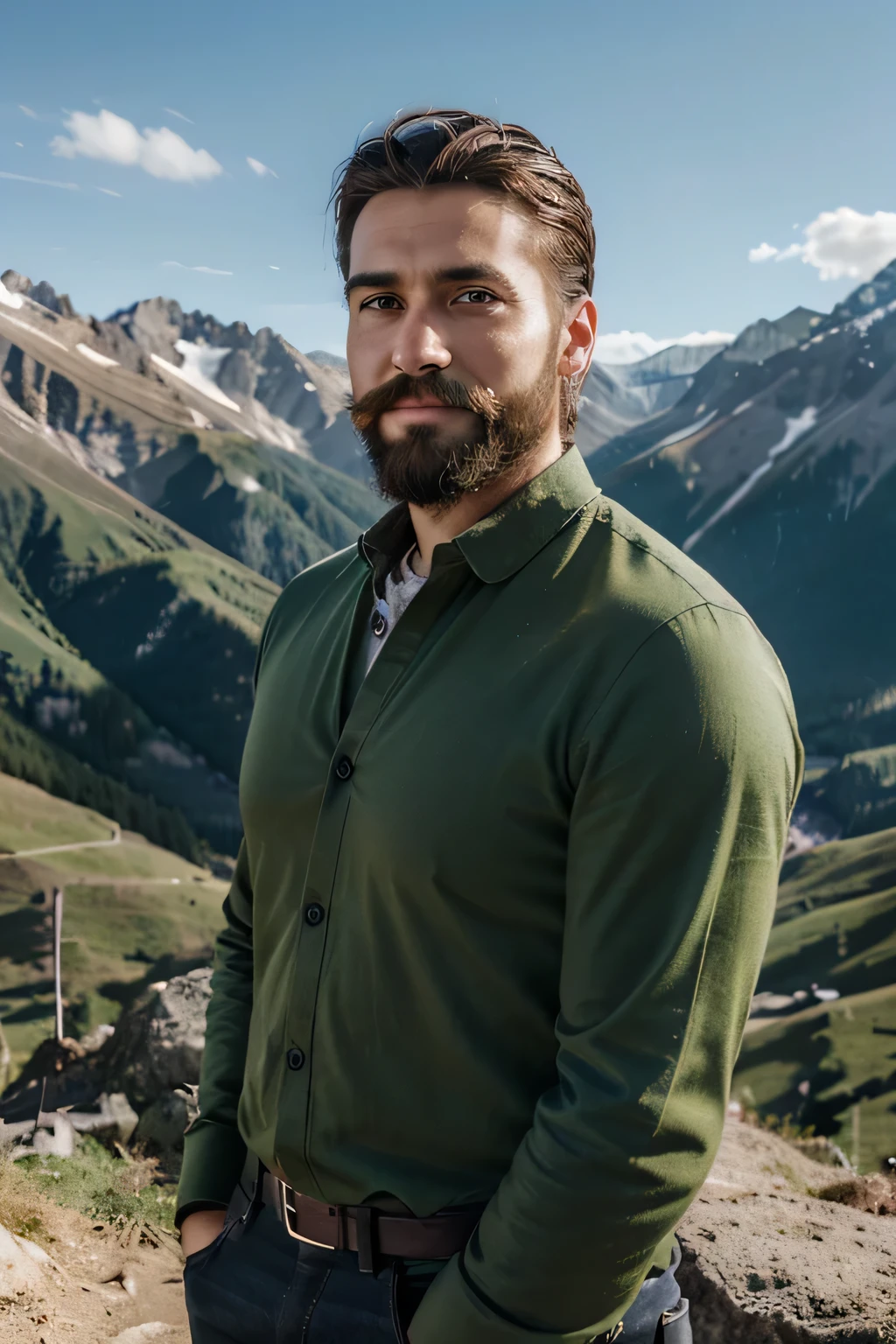 A photorealistic portrait of a successful, confident 30-year-old male entrepreneur. Emphasize his expressive green eyes , groomed beard and mustache , a strong jawline, and a subtle, knowing smile. He is in mountains