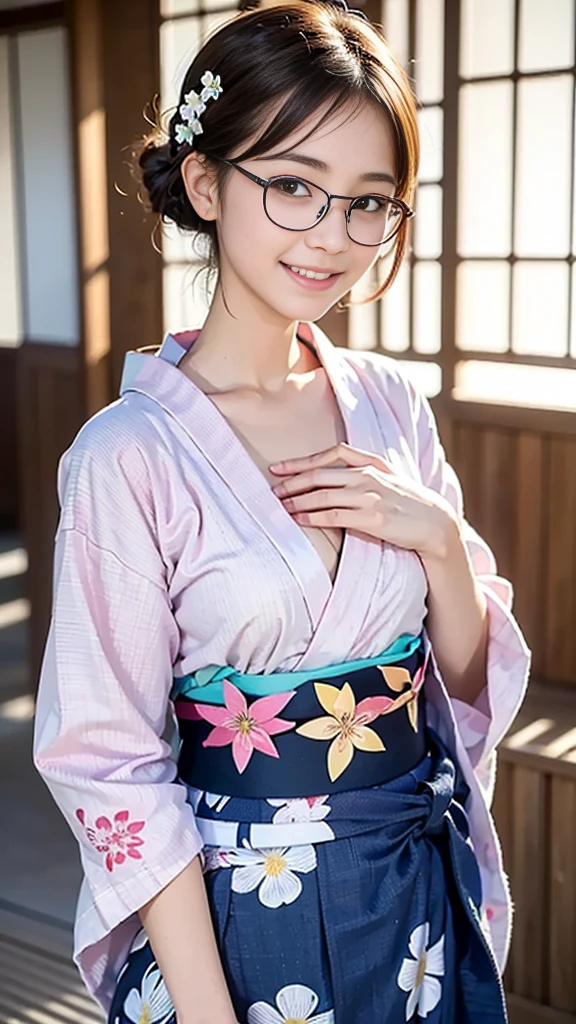 (masterpiece, highest quality:1.4), Beautiful Face, 8k, 85mm, Absurd, (Floral Yukata:1.4), Face close-up, violet, Gardenia, Delicate girl, alone, night, View your audience, Upper Body, Film Grain, chromatic aberration, Sharp focus, Face Light, Professional Lighting, Sophisticated, (smile:0.4), (Simple Background, Bokeh Background:1.2), detailed aspects,(((Show one breast:0.37))),((Very young and immature & Very few & Very flat chest:1.4),(Pink fashion glasses,1),(Showing anus from the front:0.9),