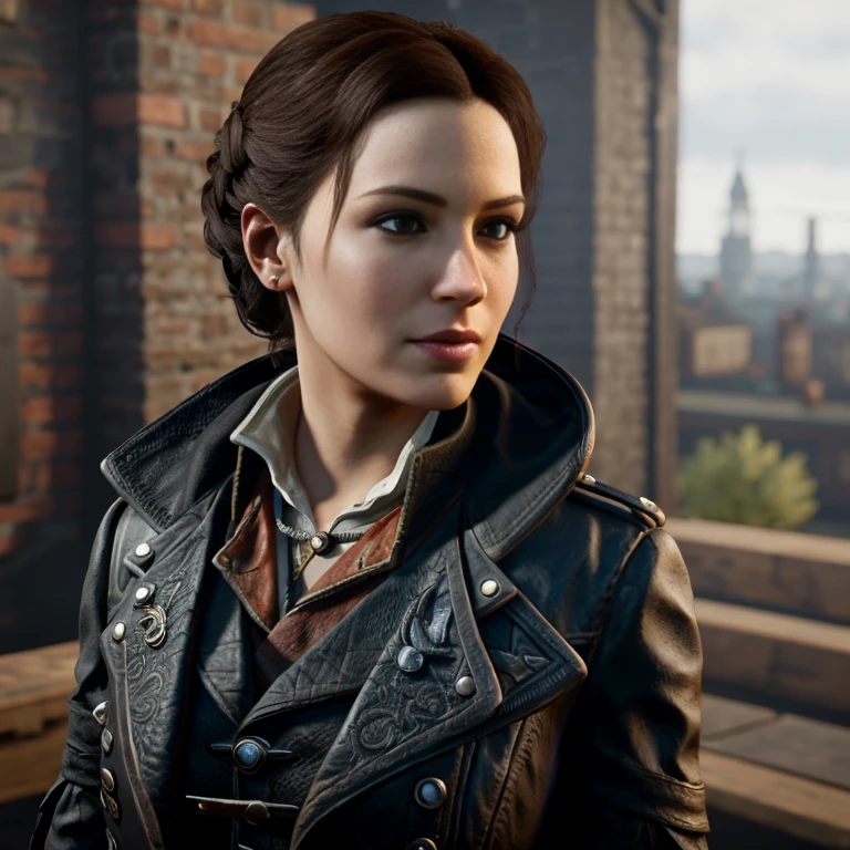[ AssaEvie],[Hair Updo],Evie Frye from Assassin's Creed Syndicate,[leather],[industrial london],4k,sharp image,detailed