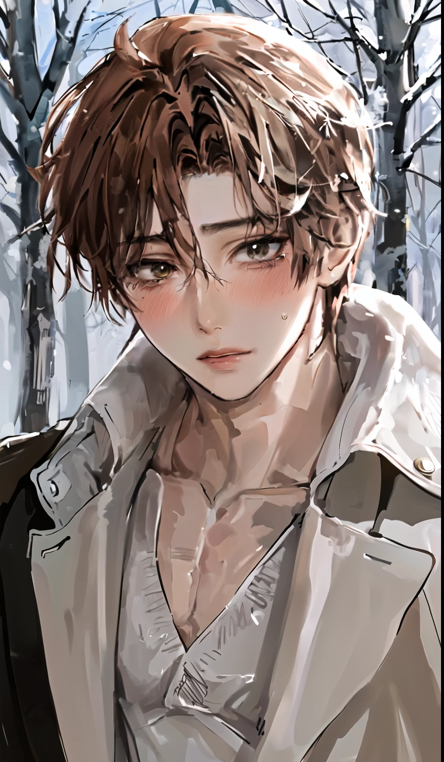 1man, portrait, tight crop brown hair, brown adorable doe-like eyes framing with luxuriant lashes, feminine, delicate beauty with small face, soft blushed cheeks, wearing winter outfit with long coat brown, fair skin, cute pretty face, modern world, thin body, ((in the winter city sidewalk)), sad expression, tears fall down in cheeks, make it look like dramatic scene when u met ur past lover for such a long time, looking at viewer.