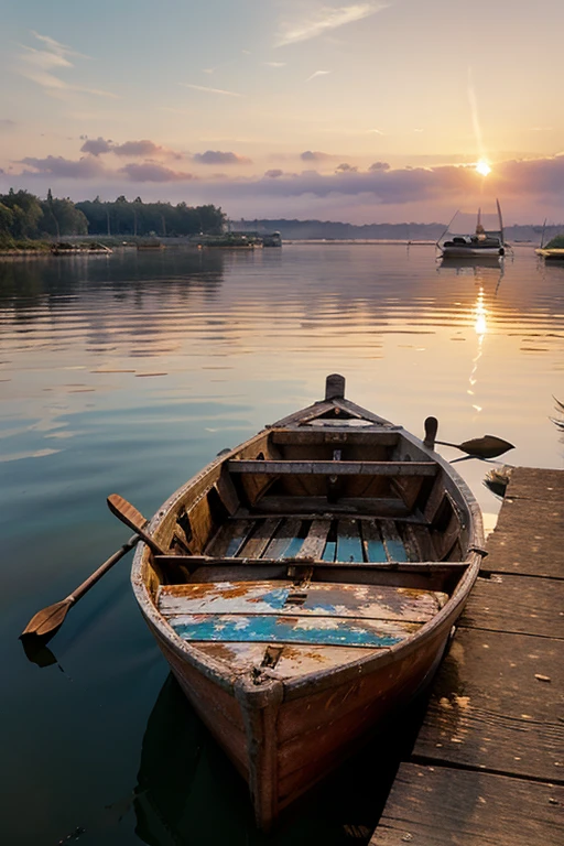 Watercolor painting depicting an old rowboat moored at an old pier, the oars lying on the bottom of the boat, a broken seat and an old rusty metal box in the boat, gently swaying on the water, soft pastel colors, foggy morning with the sun rising over the lake,soft pastel sunrise colors pink, soft pastel orange, soft pastel yellow in the sky, light cloud