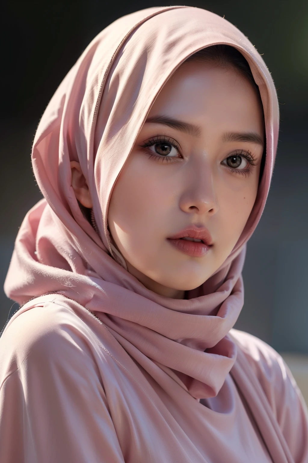 Realistic photo,wearing dress and long hijab, look from side, hyperrealistic, masterpiece, sweet ekspresion, melancholy , closeup photo, bright eyes, sexy lips, detailed makeup, detailed eyes cornea, wearing hijab no hair looks, blush pink cheek