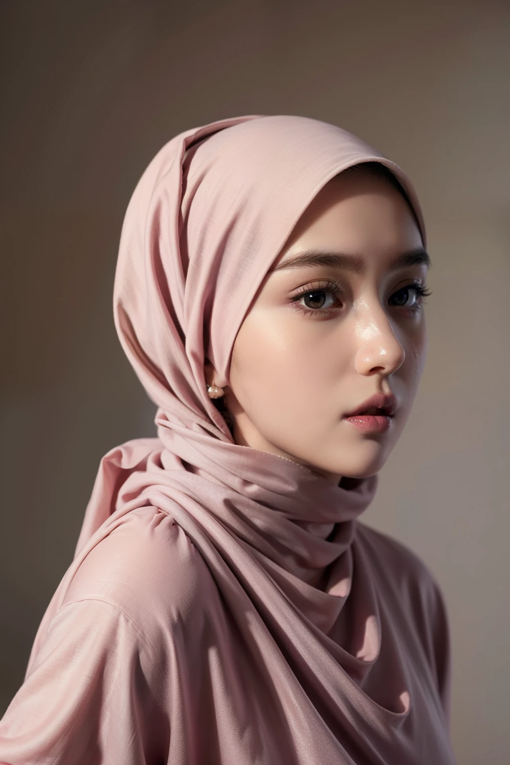 Realistic photo,wearing dress and long hijab, look from side, hyperrealistic, masterpiece, sweet ekspresion, melancholy , closeup photo, bright eyes, sexy lips, detailed makeup, detailed eyes cornea, wearing hijab no hair looks, blush pink cheek