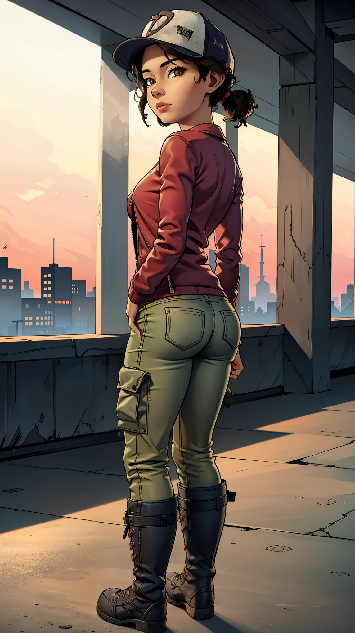 ((masterpiece, magnum opus, ultra-high resolution, ultra-high quality)), (complex lighting), solo, (((1girl))), Clementine, , light skin, light-skinned female, baseball cap, green cargo pants, honey-brown eyes, tight pants, combat boots, shirt, short wavy hair, one short ponytail, open denim jacket, small breasts, proportional round butt, thicc butt, (((8k))), (((full body))), (((looking at the viewer)))