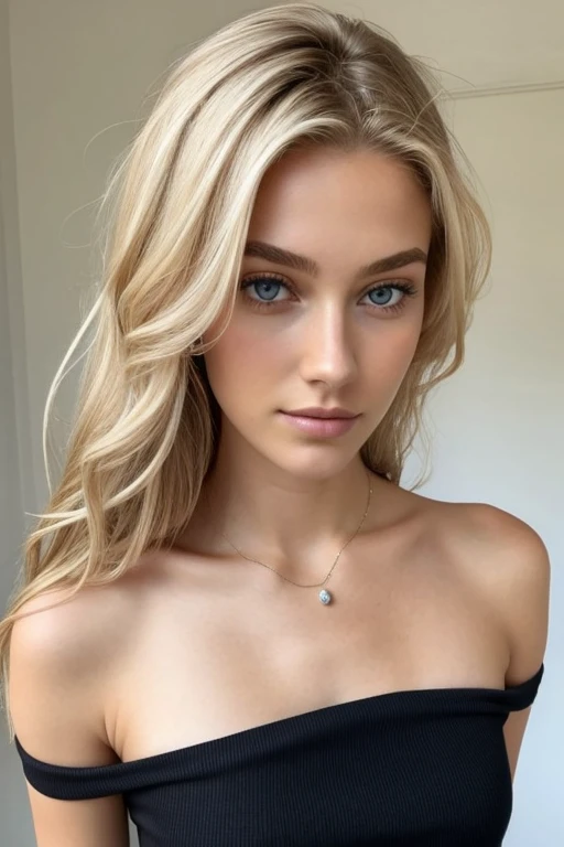 1 fille dans, 19 ans, Seulement, cheveux longs, Colossal , regarder le spectateur, cheveux blond, bare shoulders, yeux marrons, bijoux, tout le corps, un collier, off the shoulders, Chandails, Realistic, Un sexy, qui regarde bien en face