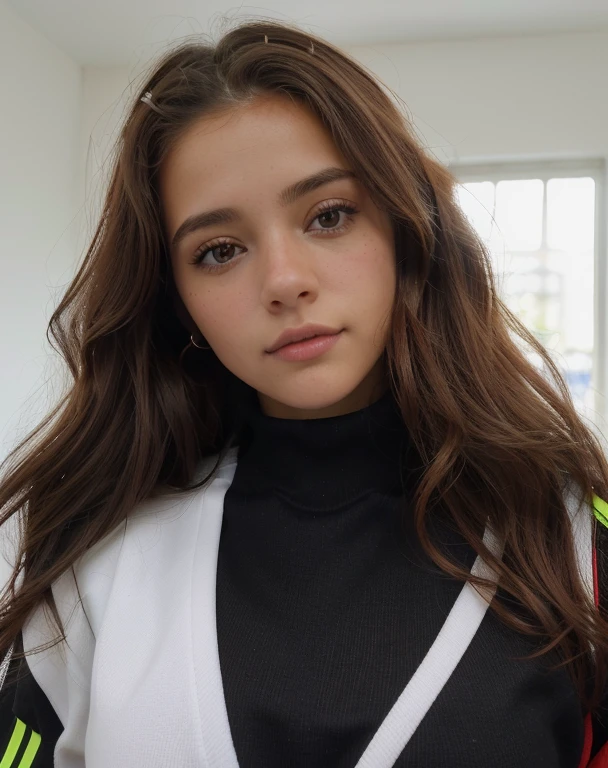 xoaeriel, a beautiful woman with wavy brown hair, ojos azules, nariz redonda, vistiendo un cohete de equipo,uniforme del equipo cohete,falda blanca,letra roja R,top corto,medias negras hasta el muslo,guantes negros hasta el codo,hiperealista