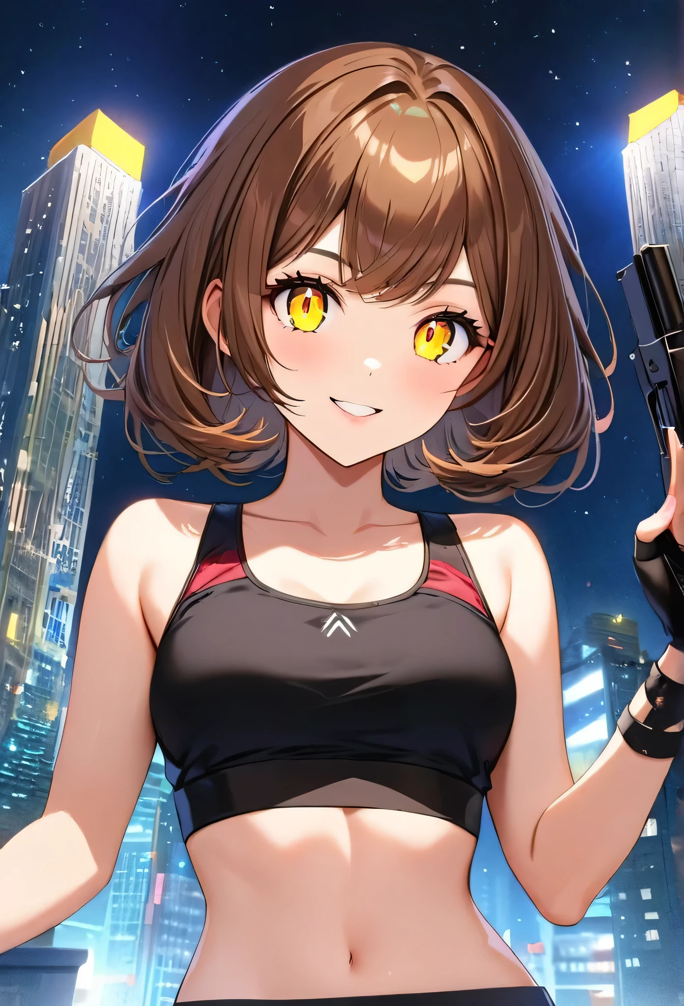 short and dinamic hair, gorgeous woman, brown hair ,yellow glowing eyes, perfect lips, elegant smile , confident smile, standing, cute expression, cute face, fingerless gloves,  gun,  cropped tank top, elegant  pose, ultra detailed face, long eyelashes, sharp eyes , Fullbody shot, night sky , dinamic point of view, diferents point of view, top of building 