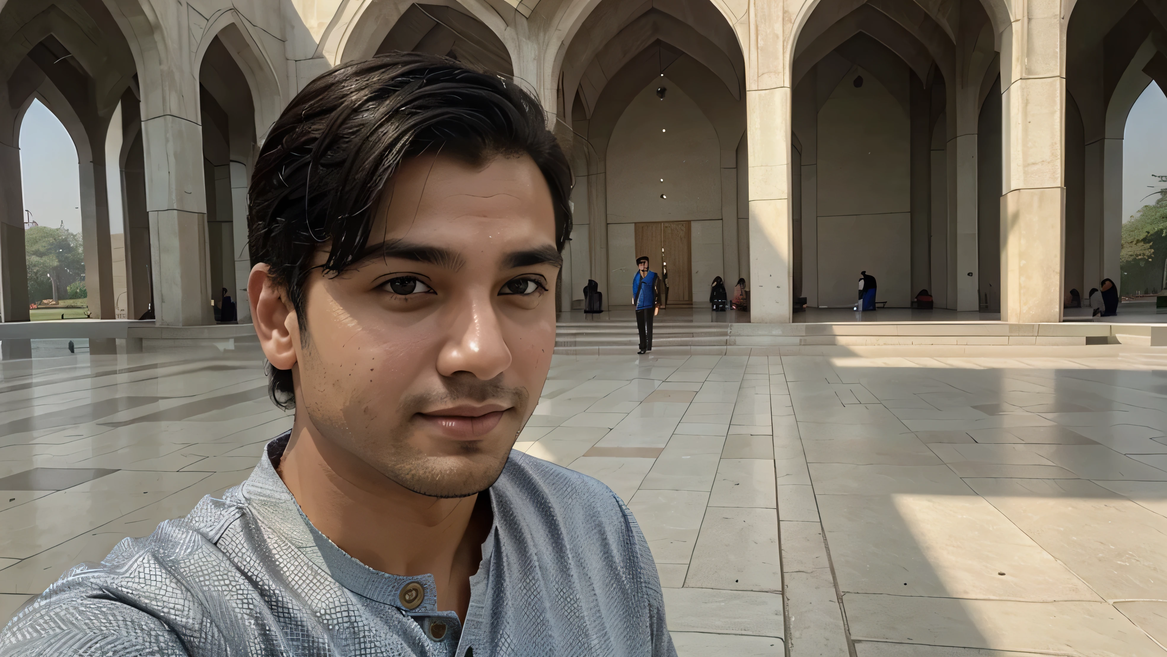 a handsome guy taking selfie in front of faisal mosque islamabad