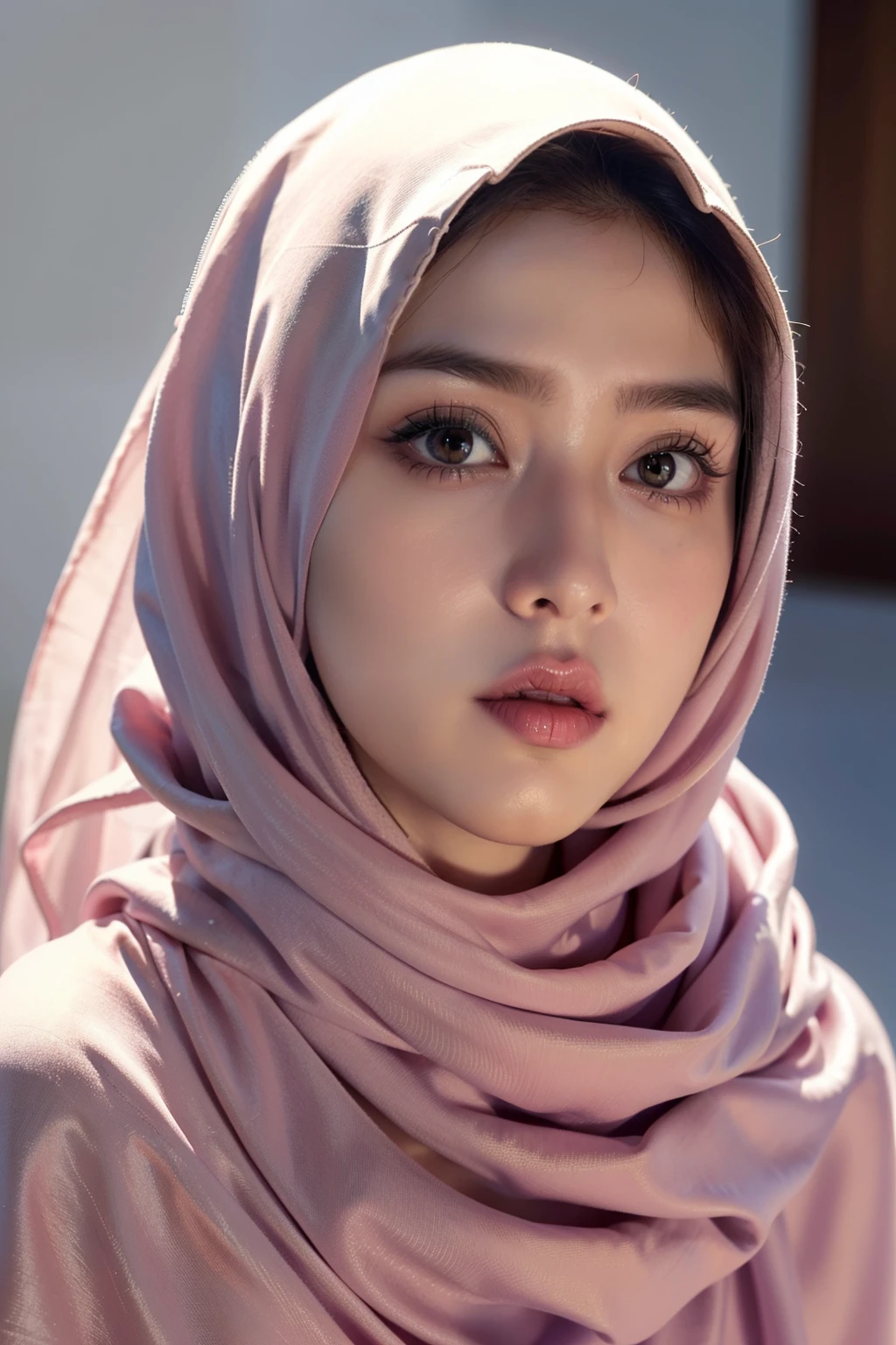 Realistic photo,wearing dress and long hijab, look from side, hyperrealistic, masterpiece, sweet ekspresion, melancholy , closeup photo, bright eyes, sexy lips, detailed makeup, detailed eyes cornea, wearing hijab no hair looks, blush pink cheek