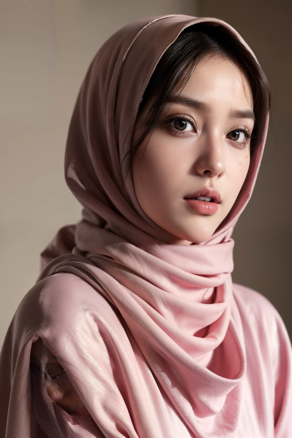 Realistic photo,wearing dress and long hijab, look from side, hyperrealistic, masterpiece, sweet ekspresion, melancholy , closeup photo, bright eyes, sexy lips, detailed makeup, detailed eyes cornea, wearing hijab no hair looks, blush pink cheek