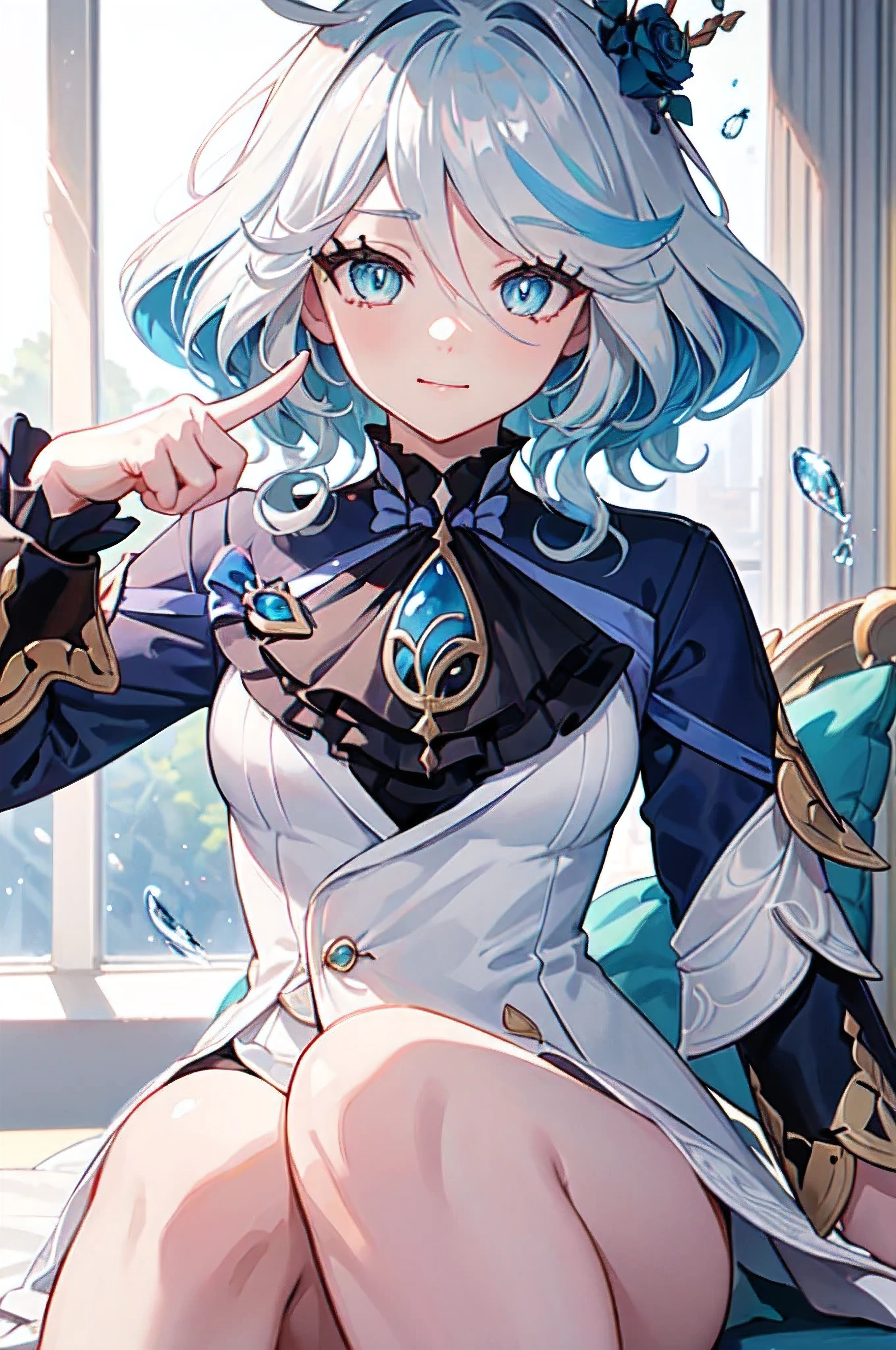 Friner, surrealism, 8K, yes, Super detail, Hydroelectric Akron, upper legs, Sitting, ??? face, Smug, Beautiful eyes, Masterpiece, high resolution, 8K, anime woman, Delicate and meticulous text 、detailed digital illustration、(((Genshin Impact))、Shiny hair、A very beautiful woman、High image quality, High quality、Detailed background、The inside of the eye sparkles like a diamond、(((Blue hair)))、(((sweeping bangs)))、Gradient pupils、(((2 arms、4 fingers, 1 thumb)))、detailed feminine face、A very beautiful woman、、Detailed background、tmasterpiece、Soft focus , Bright gradient watercolor , Lens flare , (((glitters))) , Glow , Dreamy ,、((Very beautiful light blue rose hair ornament)), Luxury room background