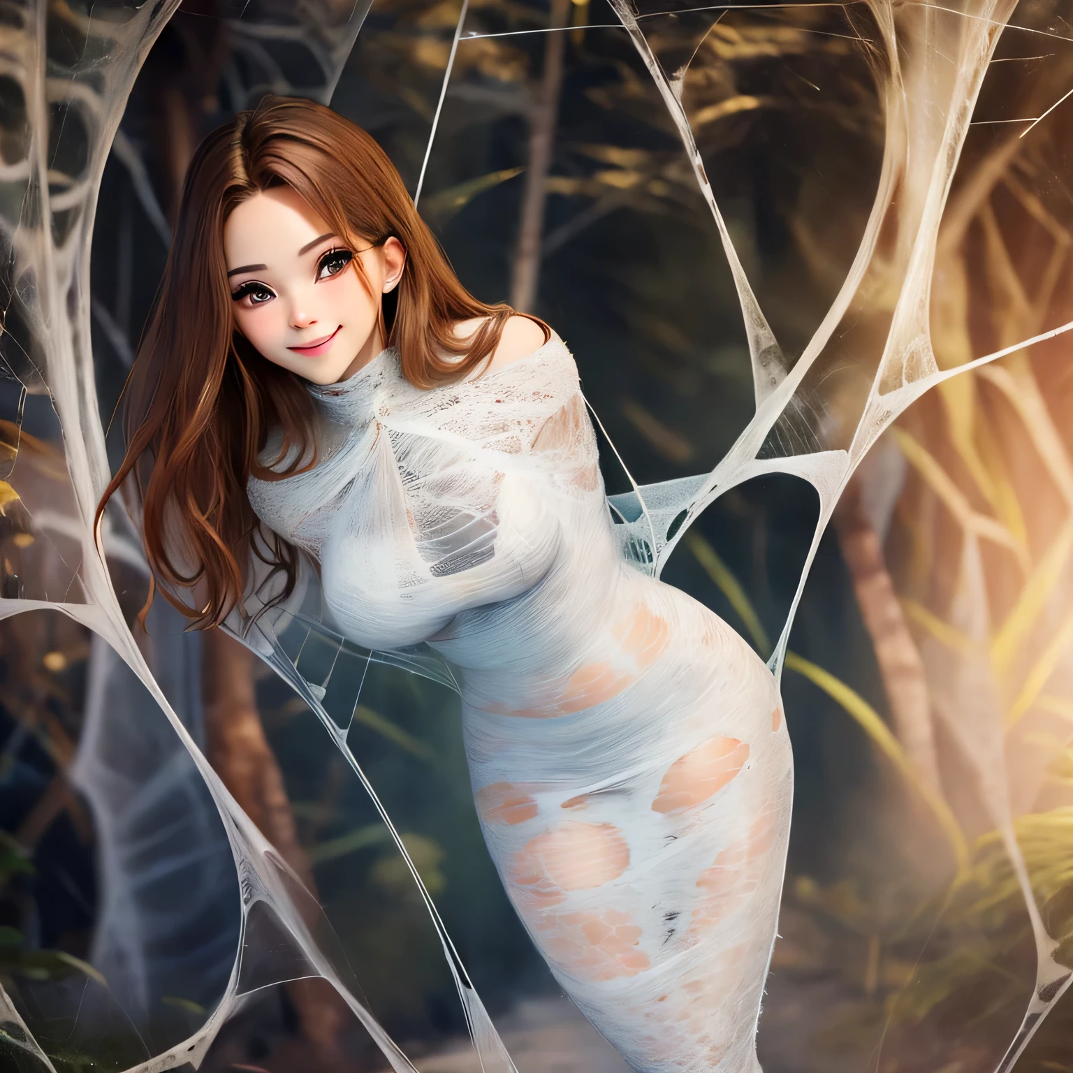 a light brown pinned up haired female who is wearing a very sexy translucent long skirt, black gloves,captured by the spider in the cobweb,flirty smile,sexy look,bound,spider web,cocoon