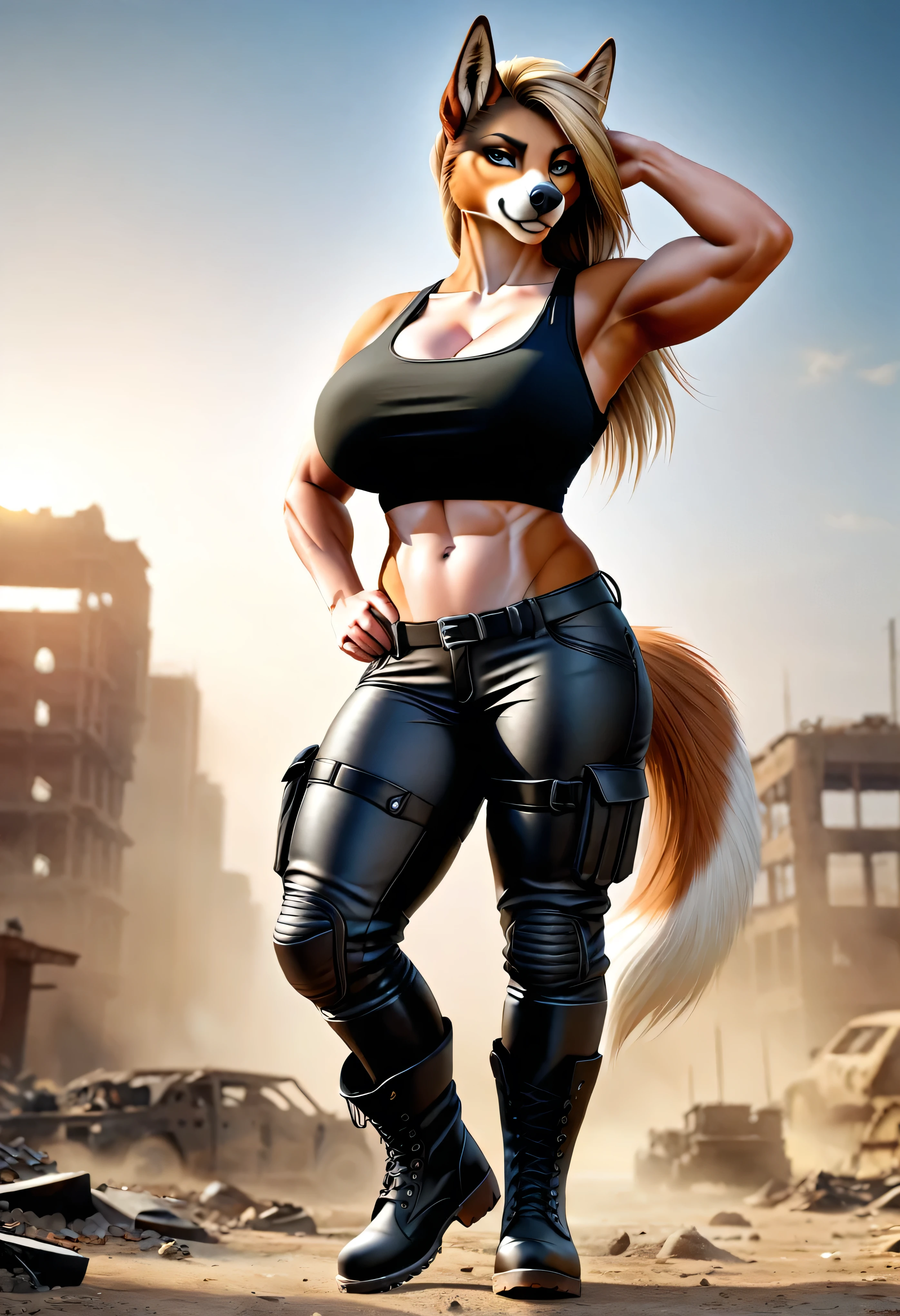 4k highly detailed realistic digital extremely high quality drawing, masterpiece, (by keeltheequine), (uploaded on e621), (a full-body portrait of an anthro dog girl), ((action pose in a post-apocalyptic wasteland)), ((wearing a tanktop, tight leather pants and combat boots)), (beautiful and detailed eyes:1.1), fur, seductive, sexy, voluptuous, curvy body, hourglass figure, large breasts, muscles, cinematic lighting, (f1.8 short focus bokeh)