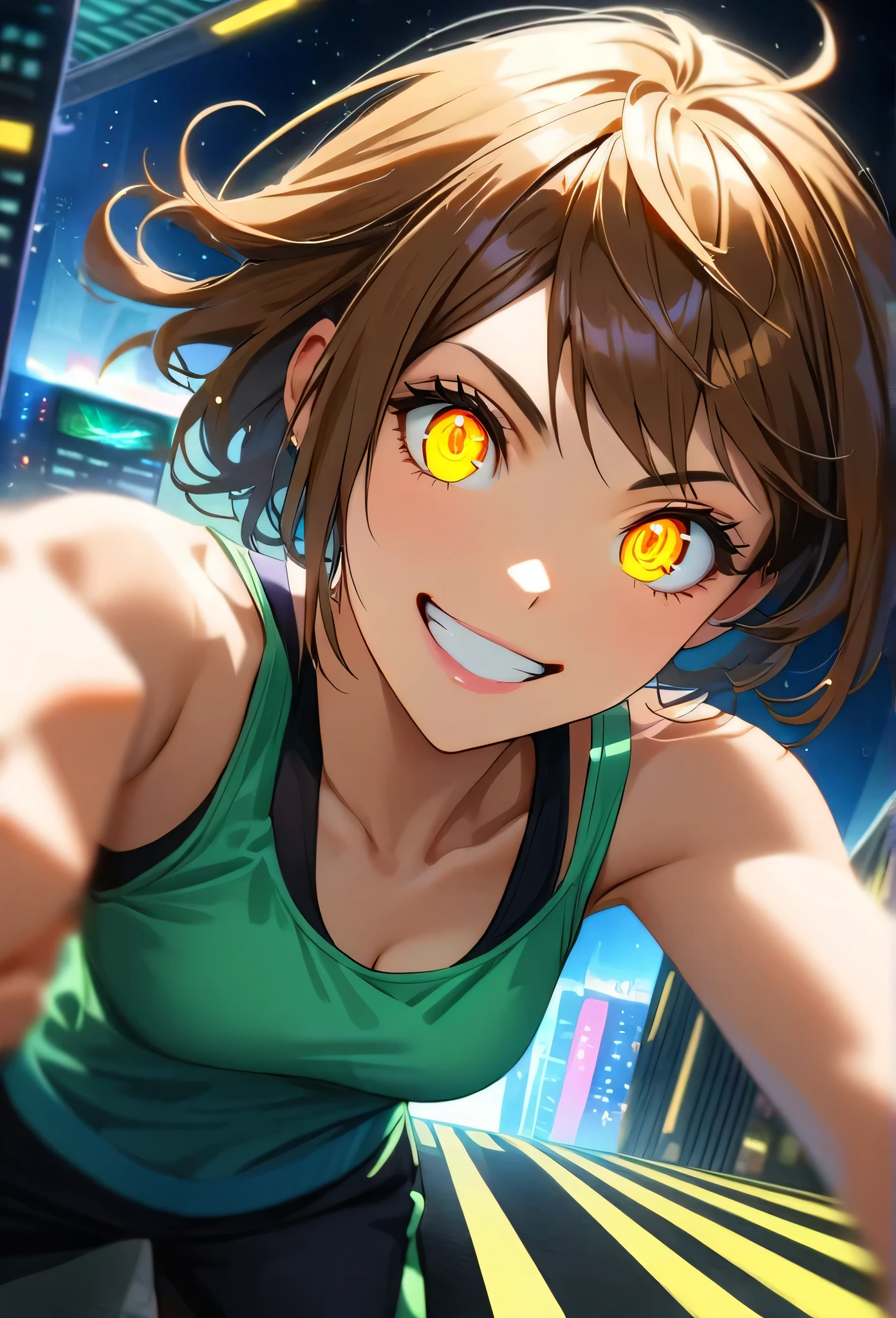 short hair, fitness, gorgeous woman,brown hair, parkour ,yellow glowing eyes, perfect lips,big smile , confident smile,cute expression, cute face, fingerless gloves, gun, tank top, jacket, alert pose, ultra detailed face, long eyelashes, sharp eyes , Fullbody shot, dinamic viewer, night sky , dinamic point of view, diferents point of view, top of building