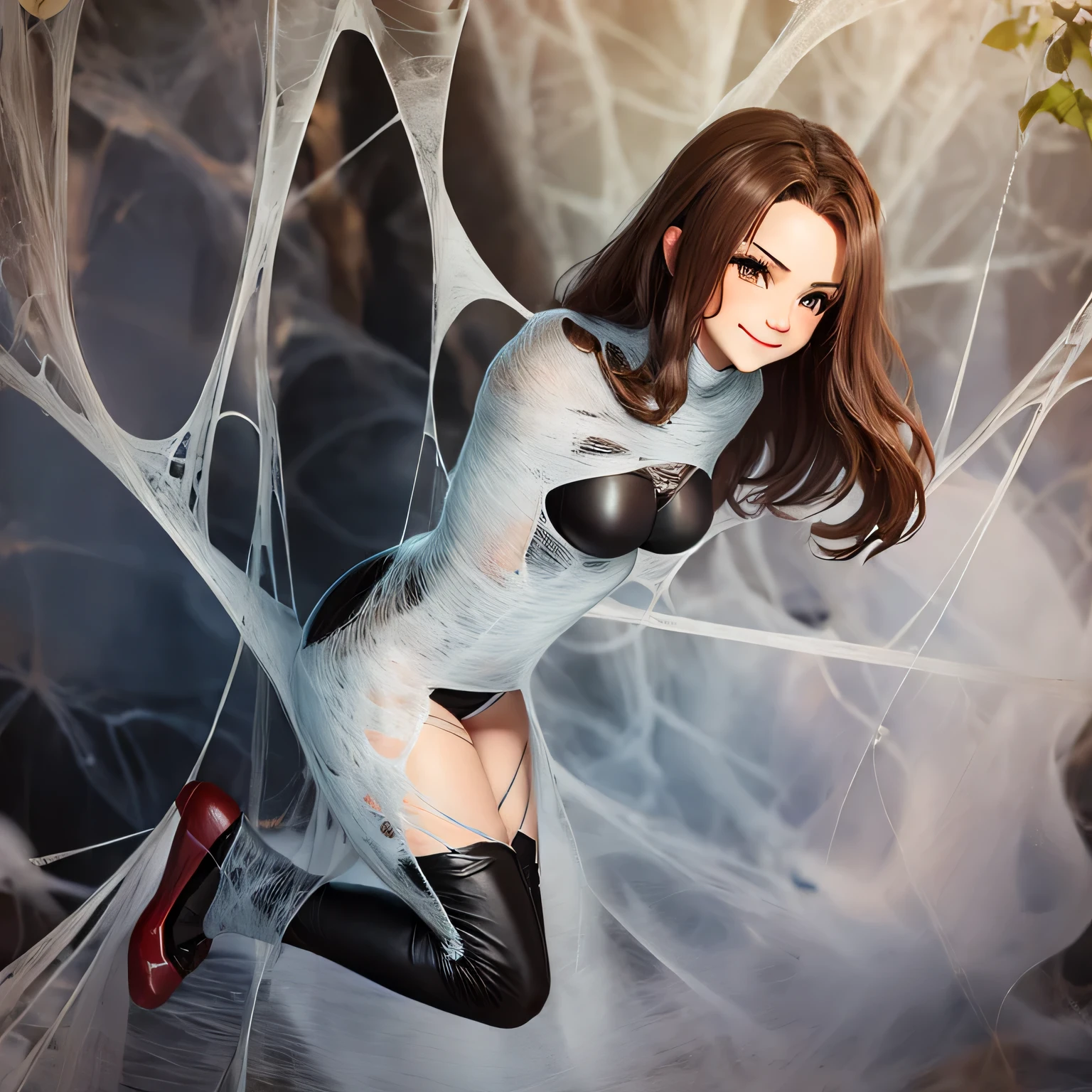 a light brown pinned up haired female thief wo is wearing black ribbed long sleeve top and leather trousers, black gloves,captured by the spider in the cobweb,flirty smile,sexy look,bound,spider web,cocoon