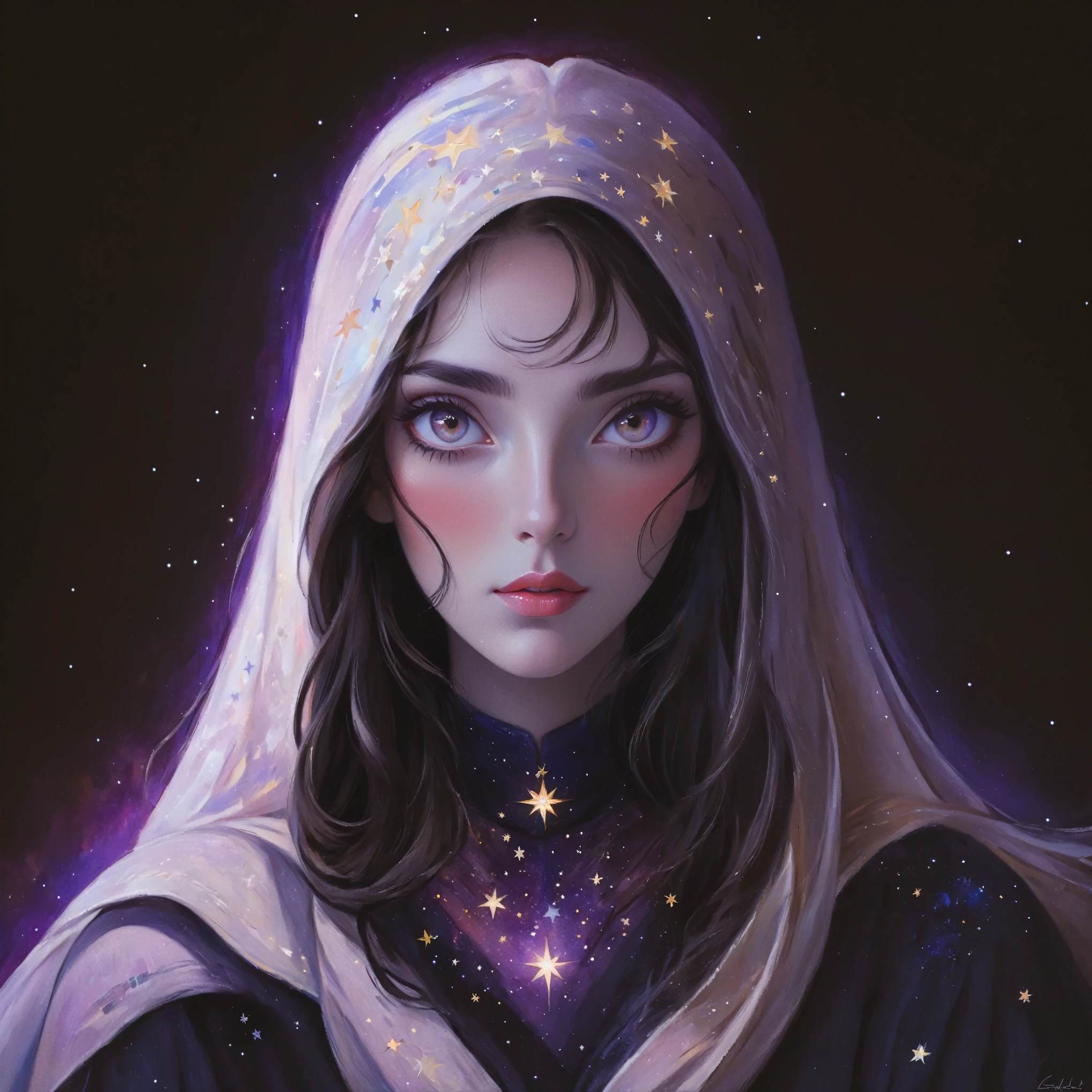 (best quality,actual,high resolution:1.2),pastel tones, painting,Impressionist strokes,from cubism, Fauvism to Surrealism and Abstraction, Beautiful and delicate eyes of a woman,Beautiful and delicate lips,flowing hair, Their artistic concepts and patterns are reflected in the clothing design.starry sky background