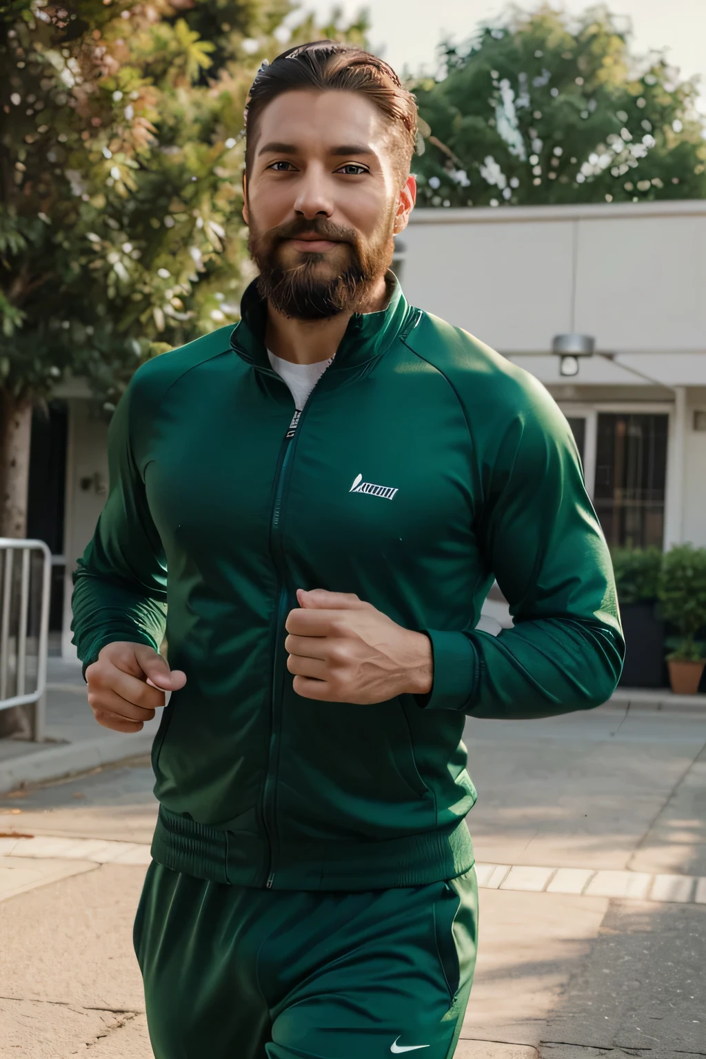 A photorealistic portrait of a successful, confident 30-year-old male entrepreneur. Emphasize his expressive green eyes , groomed beard and mustache , a strong jawline, and a subtle, knowing smile. He is in a jogging suite