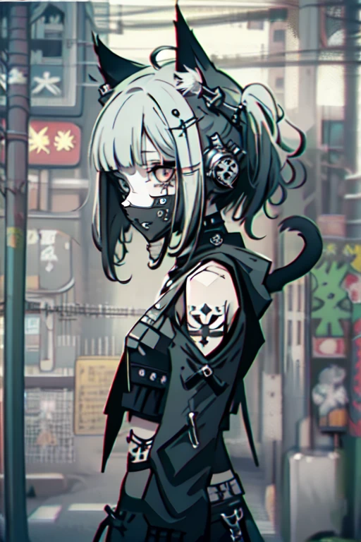 1 girl, upper body portrait, squat, looking at viewer,  from side, contrapposto, very long sleeves,dsfutaba, ((orange hair, green parka,  shoulders,big alien cat ear headphones,cheerful expression)) long hair, blunt bangs, ahoge, purple eyes, glasses, Goth_punk, punk, emo, goth, intricate black accessories, black piercings, midriff, leggings, combat boots, black piercings, hair accessories, intricate tattoos, stoic, stark, sharp contrast, hand to mouth, finger to mouth, shushing, shushing motion,, Masterpiece, high quality, 8k, sharp focus, beautiful, perfect lighting, beautiful eyes, anatomically correct, anatomically correct face, extremely detailed eyes, RAW image, smooth edges, beautiful face, symmetrical eyes, symmetrical face