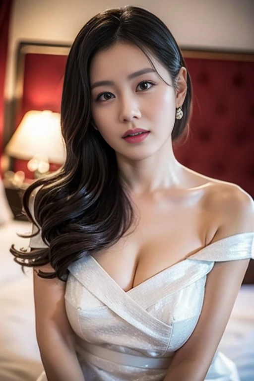 , (Mature body), Solitary,Long gray hair,black hair color, Off-shoulder, black eyes,1 Sister,A sexy pose,best quality,masterpiece,light,Extremely exquisite and beautiful,CG,Unite,8K Wallpaper,Astonishing,detailed,masterpiece,Official Art,The content is very detailed Cg Unite 8K Wallpaper,Extremely ridiculous,Huge file size,ultra - detailed,high resolution,The content is very detailed,Beautiful and delicate girl,Practical,full,Hotel Room,Light Contrast, Lopez, fully body photo, full, White under underwear