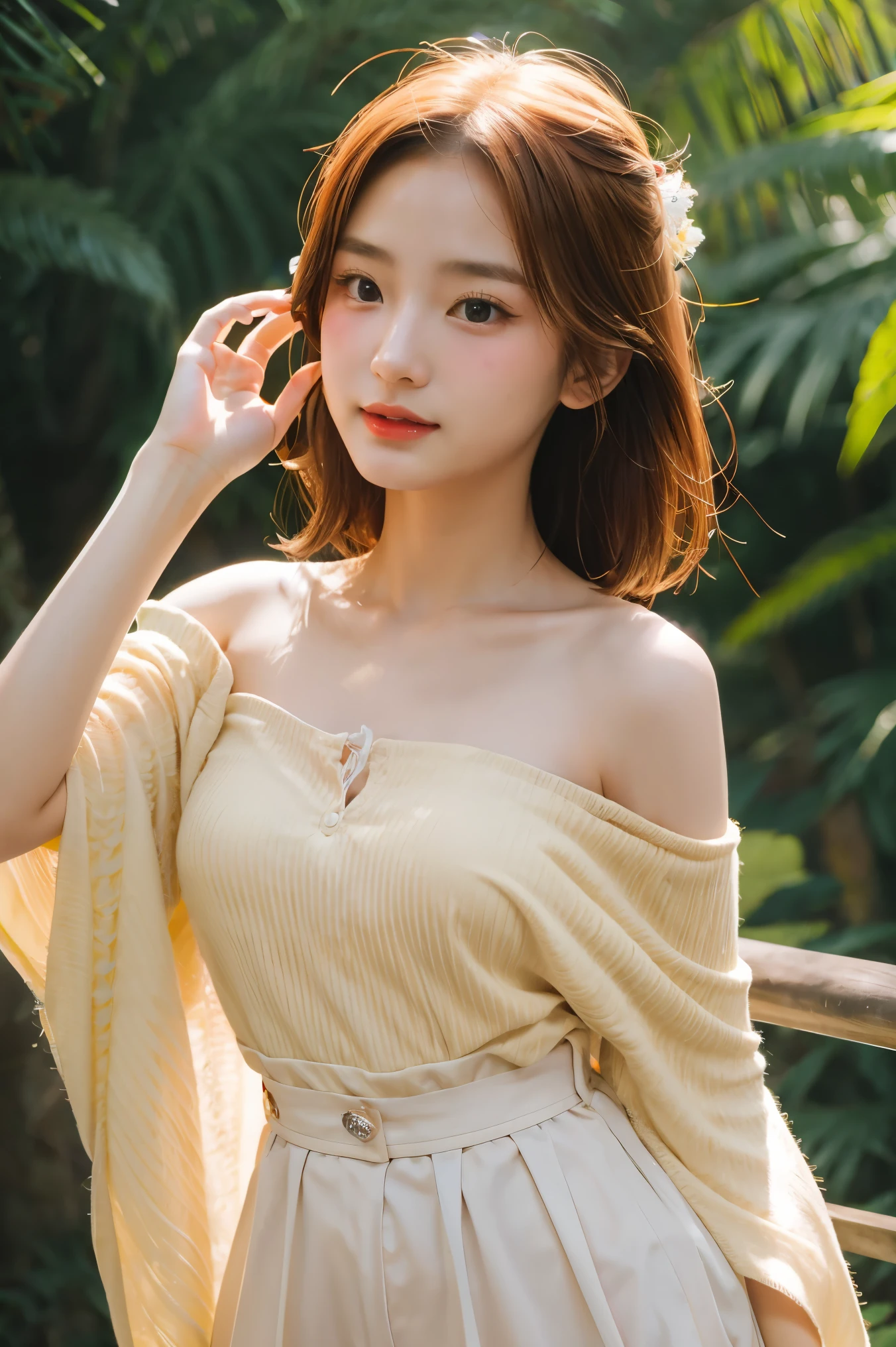 Masterpiece, best quality, super high resolution, fluorescent color,, 1 girl, looking at the audience, beautiful face, beautiful eyes, (off-the-shoulder: 1.2), head up, upper body, forest, shiny hair, shiny skin, glowing cut, chibi, finger proportions coordination