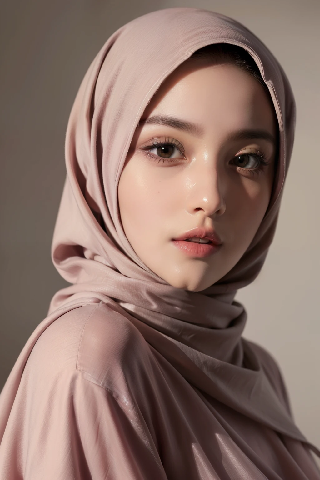 Realistic photo,wearing dress and long hijab, look from side, hyperrealistic, masterpiece, sweet ekspresion, melancholy , closeup photo, bright eyes, sexy lips, detailed makeup, detailed eyes cornea, wearing hijab no hair looks, blush pink cheek