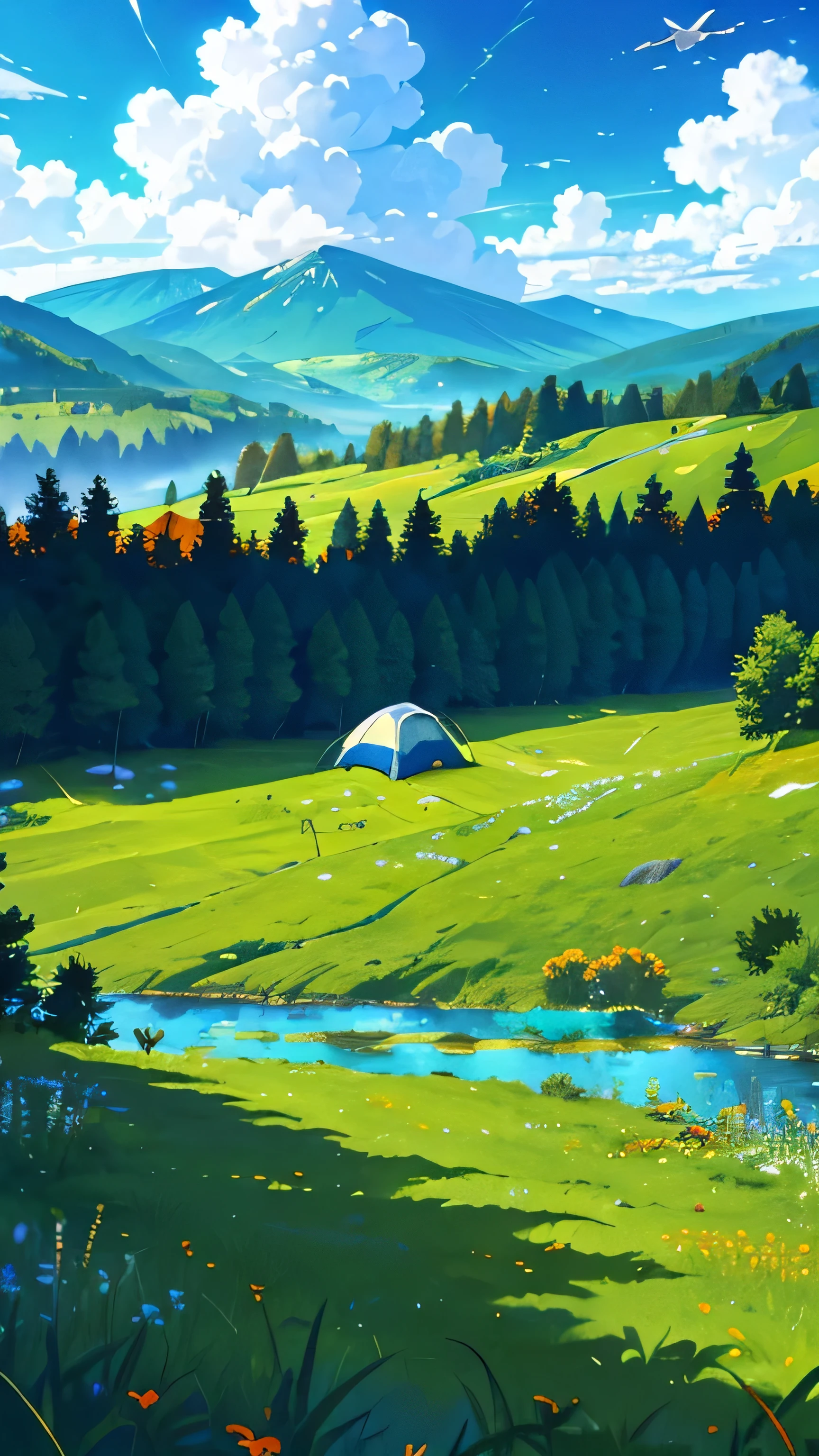 Green meadows, camping, an orange tent, beautiful scenery in the distance, blue sky and white clouds, characters picnic , in meadow, small hills, deers, small birds