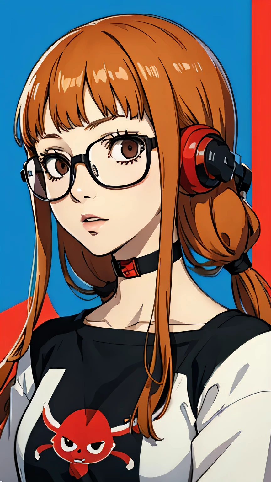 Futaba sakura, portrait, top, red choker, earphone, glasses