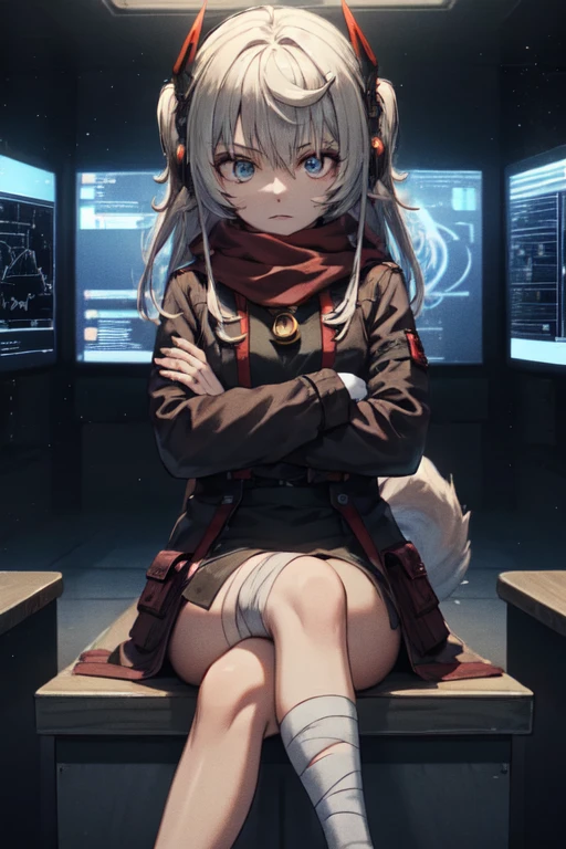 white hair, long hair, headgear, hair ornament, facial mark, heterochromia, red eyes, grey eyes, red scarf, mechanical arms, red jacket, center opening, black dress, dog tags, (red pouch:1.3), open jacket, torn clothes, tail coat
BREAK (bandaged leg:1.2)
BREAK mature female, space, outer space, space station, cafe, crossed arms, katana
BREAK (heads-up display, holographic panels:1.5), (game screenshot:1.1), metal walls, (cockpit:1.1), computers, circuits, subsurface scattering, focused, soft lighting, scolding, volumetric lighting
BREAK sitting, (crossed legs:1.1)
