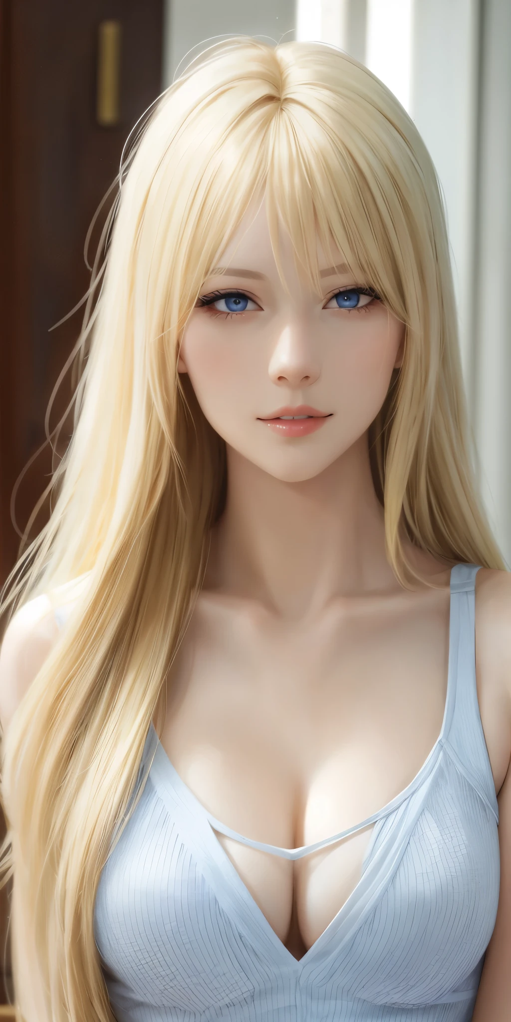 Elegant adult woman, long neck, long blonde hair, bang, casual clothes, cleavage, soft light, high quality, 4k resolution