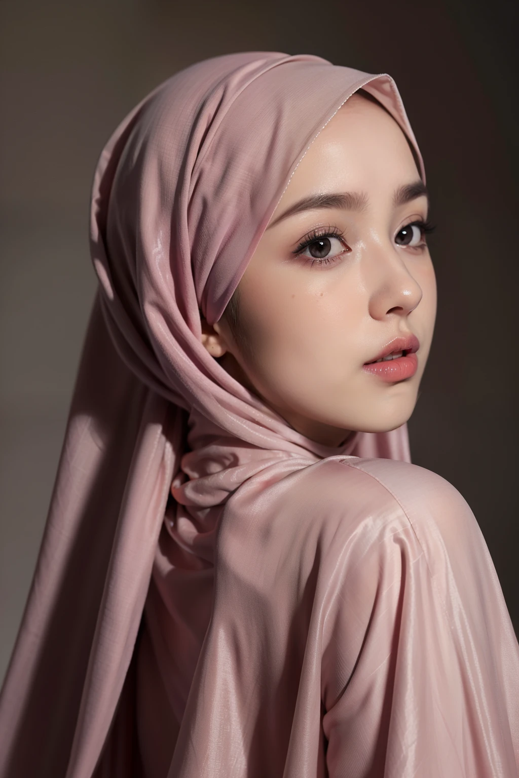 Realistic photo,wearing dress and long hijab, look from side, hyperrealistic, masterpiece, sweet ekspresion, melancholy , closeup photo, bright eyes, sexy lips, detailed makeup, detailed eyes cornea, wearing hijab no hair looks, blush pink cheek