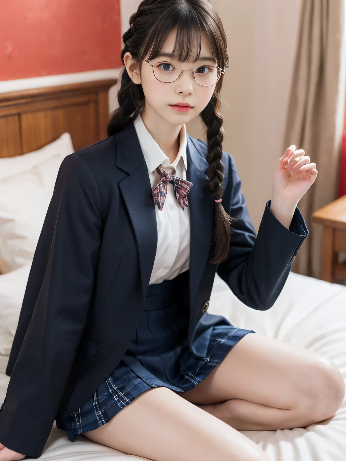 raw photo, 8k, (top-quality), Realistic, (real picture, Intricate details), (natural skin texture, detailed skin, hyper realism, sharpness), (Japanese teenage glasses girl sitting on bed in a old inn), (school uniform, Theme color is dark navy), (Formal jacket dark blue), White shirt, Short tie, Short pleated skirt is plaid, (pale skin:1.2, flat chest:1.3), slender body, ((braid hairstyle, bangs)), (glasses baby face, blush), thighs, red wall:1.3, full body shot