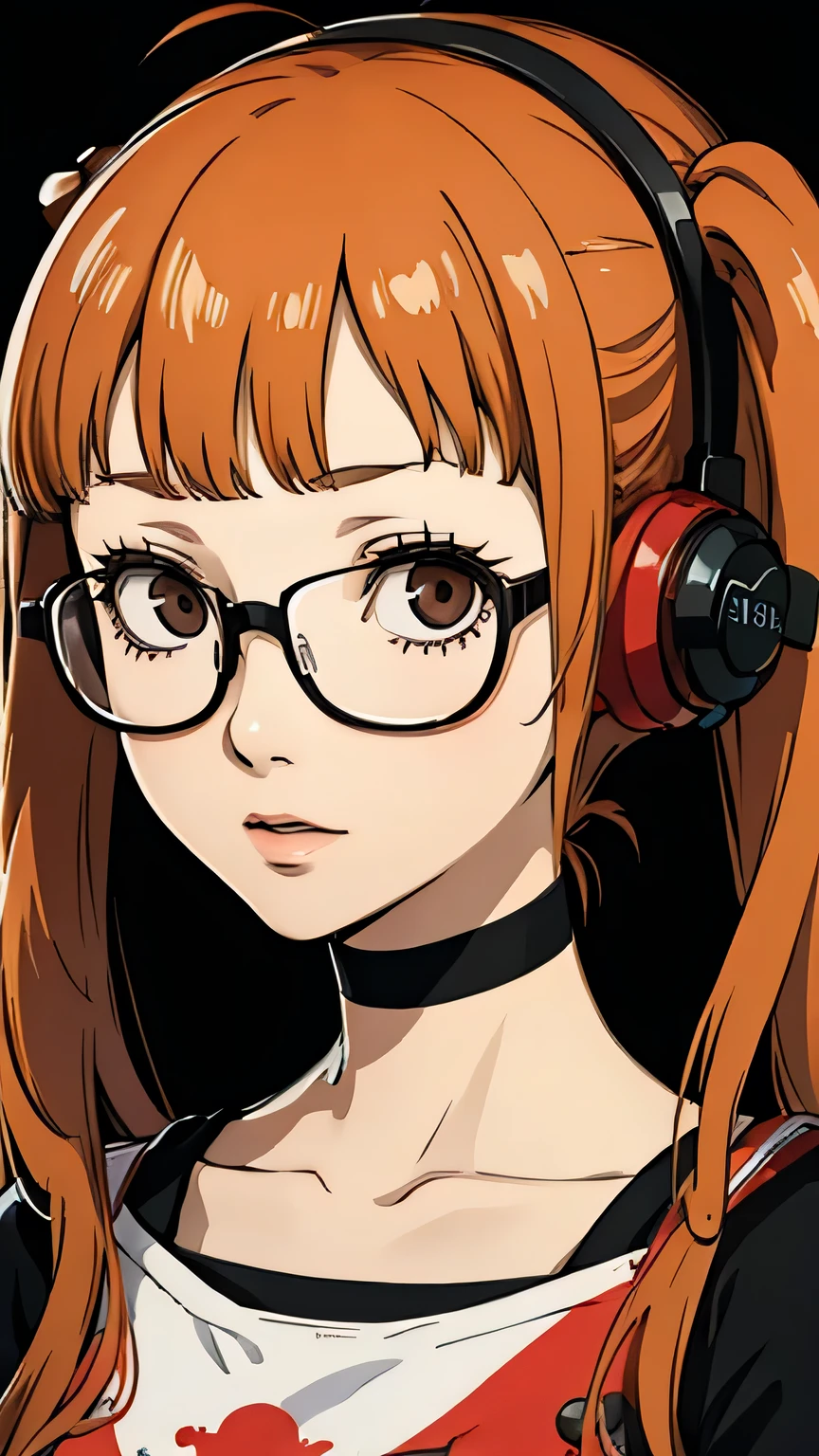 Futaba sakura, portrait, top, red choker, earphone, glasses, twin tails