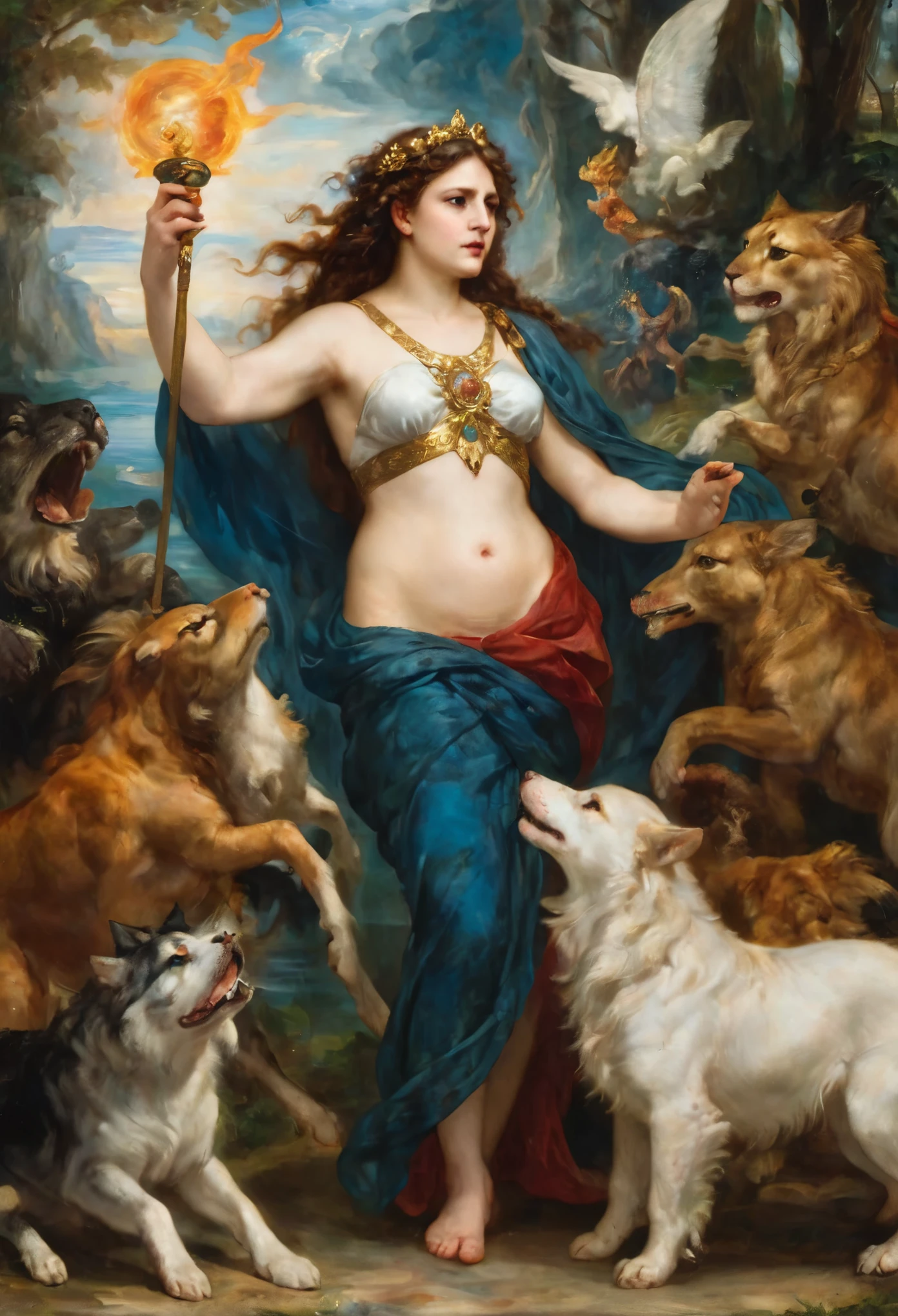 an oil painting art piece depicting the Greek Goddess Circe from Greek or Roman mythology, inspired by Peter Paul Rubens' painting style. Capture Circe's magical and enchanting presence as she stands with a mystical aura, surrounded by enchantments and mythical creatures. Infuse the painting with vibrant colors, dramatic lighting, and intricate details characteristic of Rubens' dynamic and emotive style. Let Circe's power and beauty shine through in a captivating portrayal that brings her mythological essence to life on the canvas, masterpiece, award winning, best quality, highly detailed, flawless artwork,