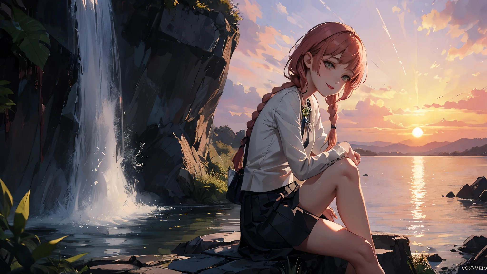 (masterpiece misguided style, best quality, dusk:1.3), a cute irish girl, portrait-type, copper, skirt above the knees, slender legs, chubby, pink lips, small smile, gray waterfall braid, sunset background, Exquisite, trending on CGSociety