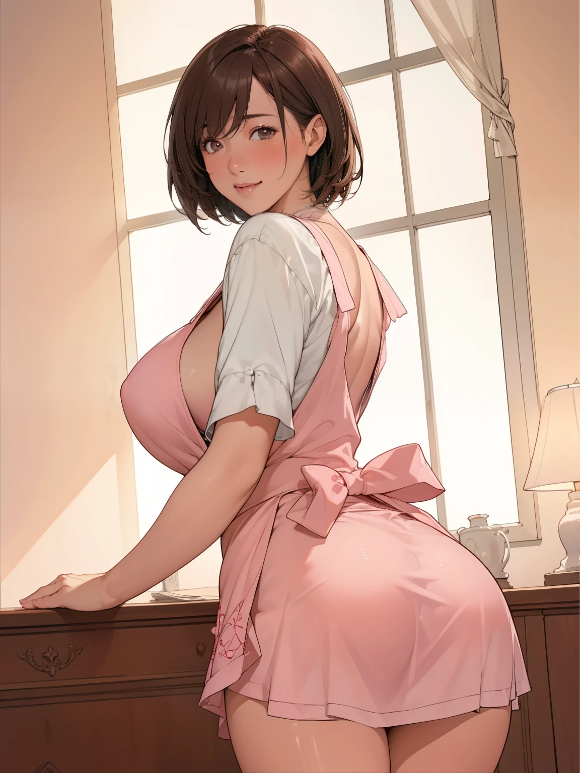 最high quality, Flying debris, high resolutiOn top of that, blush, (Captivating smile: 0.8), On top of that_body, Tyndall effect, reality, Shadow Room, Light Edge, two tOn top of thate lighting, (Skin with attention to detail: 1.2), 8K Ultra HD, Single-lens reflex camera, Soft Light, high quality, Volumetric lighting, Candid photos, high resolutiOn top of that, In 4K, 8k, Background Blur, real persOn top of that, White wall, Grey table, plant, window, Masterpiece of sexy pose))), ((最high quality)), ((Complex)), ((Surreal)), Stupid reply, Mature Woman, Mature Woman, perspective, Very detailed, shape, 1 girl, ((Big Breasts)), Perfect hands, Finger details, Beautiful and beautiful eyes, short hair, Brown eyes、Tight Skirt, Detailed Background, Bedroom, Perfect Eyes, Captivating eyes, Looking at the audience, From below、Pink Apron、Buckshot、Ass、Back view