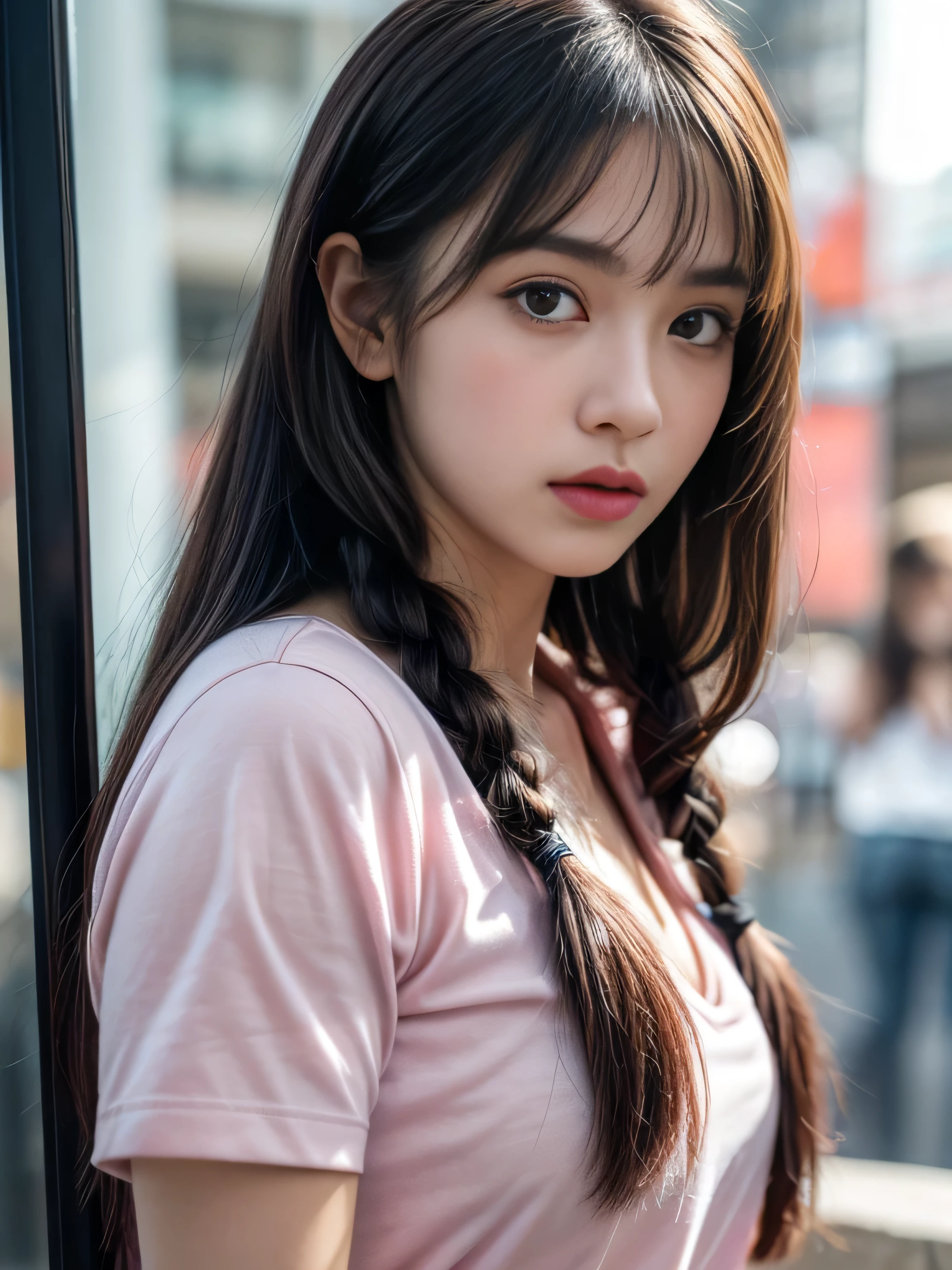 child, twin braids, bangs, wearing pink shirt and jeans, nude inside, big round breast, Nipple protrusio, (mouth hold:1.2), (photorealistic:1.2), (ultra realistic:1.3), (very detailed:1.1), ((masterpiece)), first person view, (close up:1.4), at Siam square, looking at window displays, attentively.