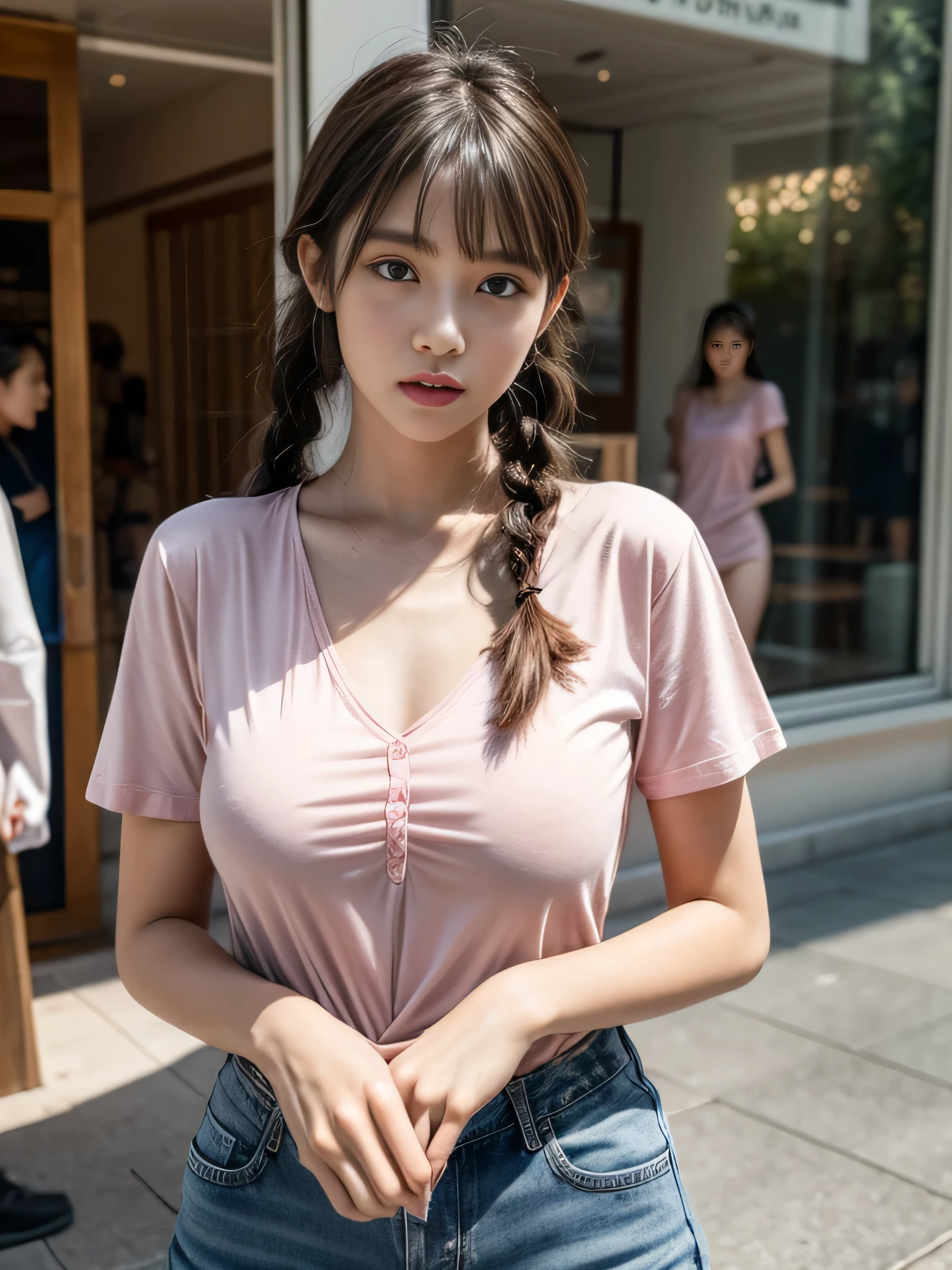 child, twin braids, bangs, wearing pink shirt and jeans, nude inside, big round breast, Nipple protrusio, (mouth hold:1.2), (photorealistic:1.2), (ultra realistic:1.3), (very detailed:1.1), ((masterpiece)), (first person view:1.1), at Siam square, looking at window displays, attentively.