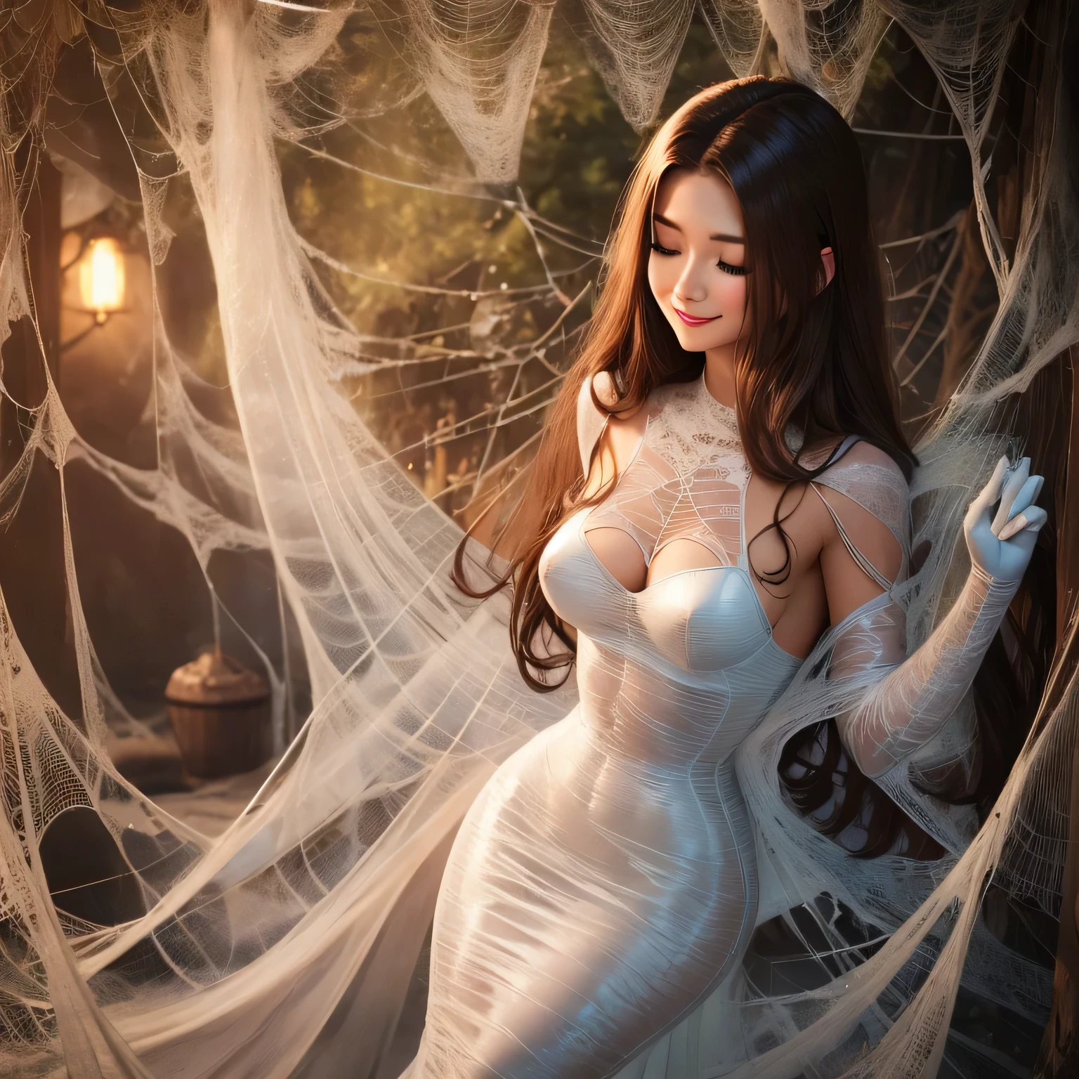 a light brown pinned up haired female,sexy look,flirty smile,beautiful detailed eyes,beautiful detailed lips,extremely detailed eyes and face,closed eyes,captured by the spider in the cobweb,spider web,cocoon,bound,black gloves,very sexy translucent long skirt