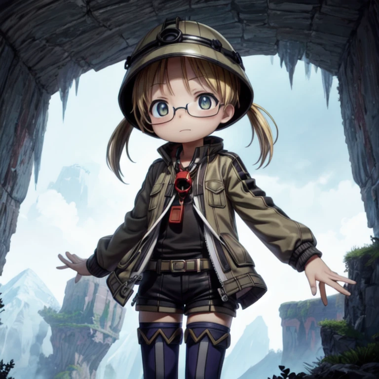 1 girl,cute,(looking at viewer:1.0), adorabel girl,cute face,details sky,handsome,young,juvenile,((masterpiece:1.4,best quality)),multiple details,eyeshadow, (full  shot:1.5),
gradiant  eyes, 
lora:add_detail:0.8>,  ice dessert, cliffs, outside, purple gloom,
riko, helm, jacket, helmet, lamp, shorts, twintails, (whistle:1.2), glasses, thighhighs, boots 