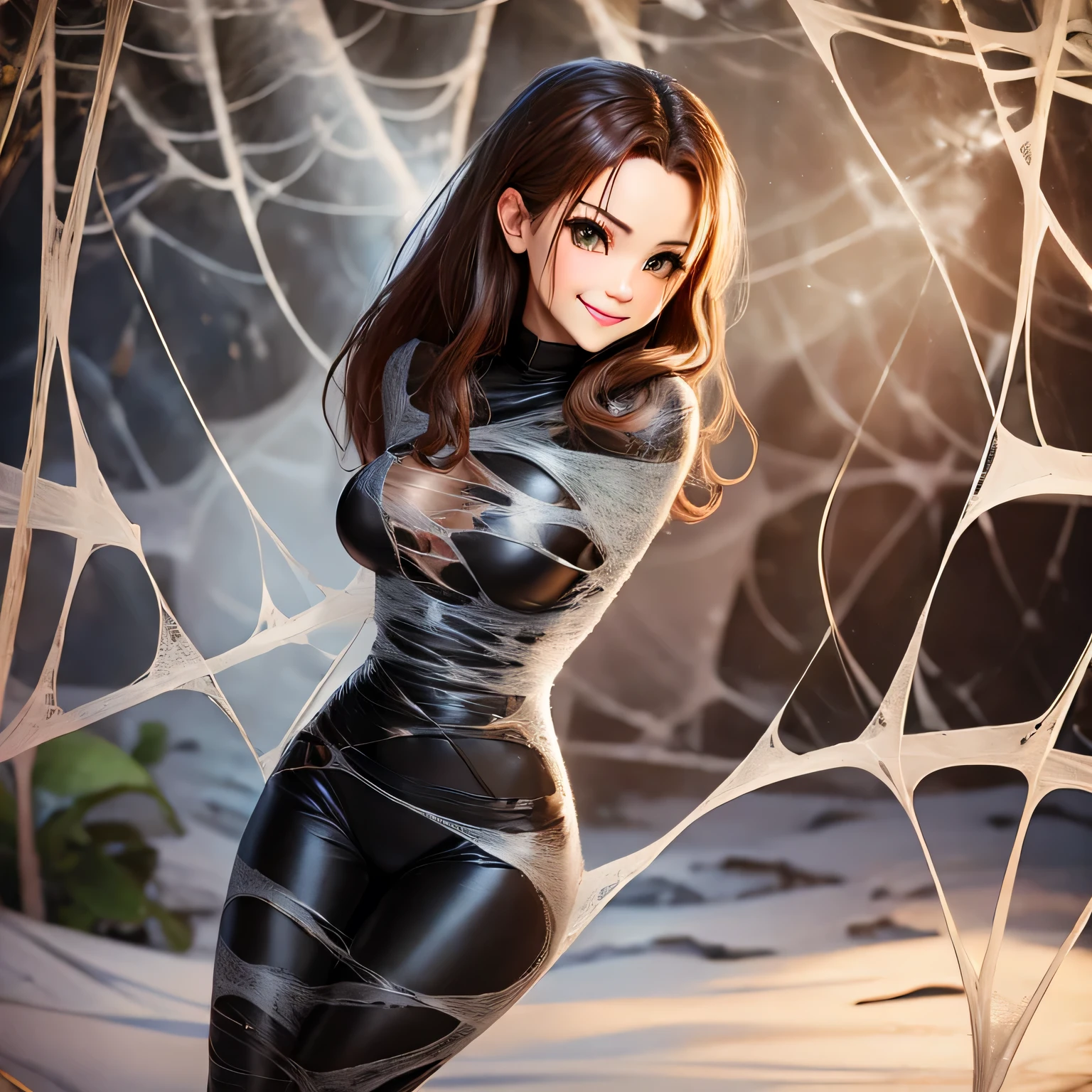 a light brown pinned up haired female thief wo is wearing black ribbed long sleeve top and leather trousers, black gloves,captured by the spider in the cobweb,flirty smile,sexy look,bound,spider web,cocoon